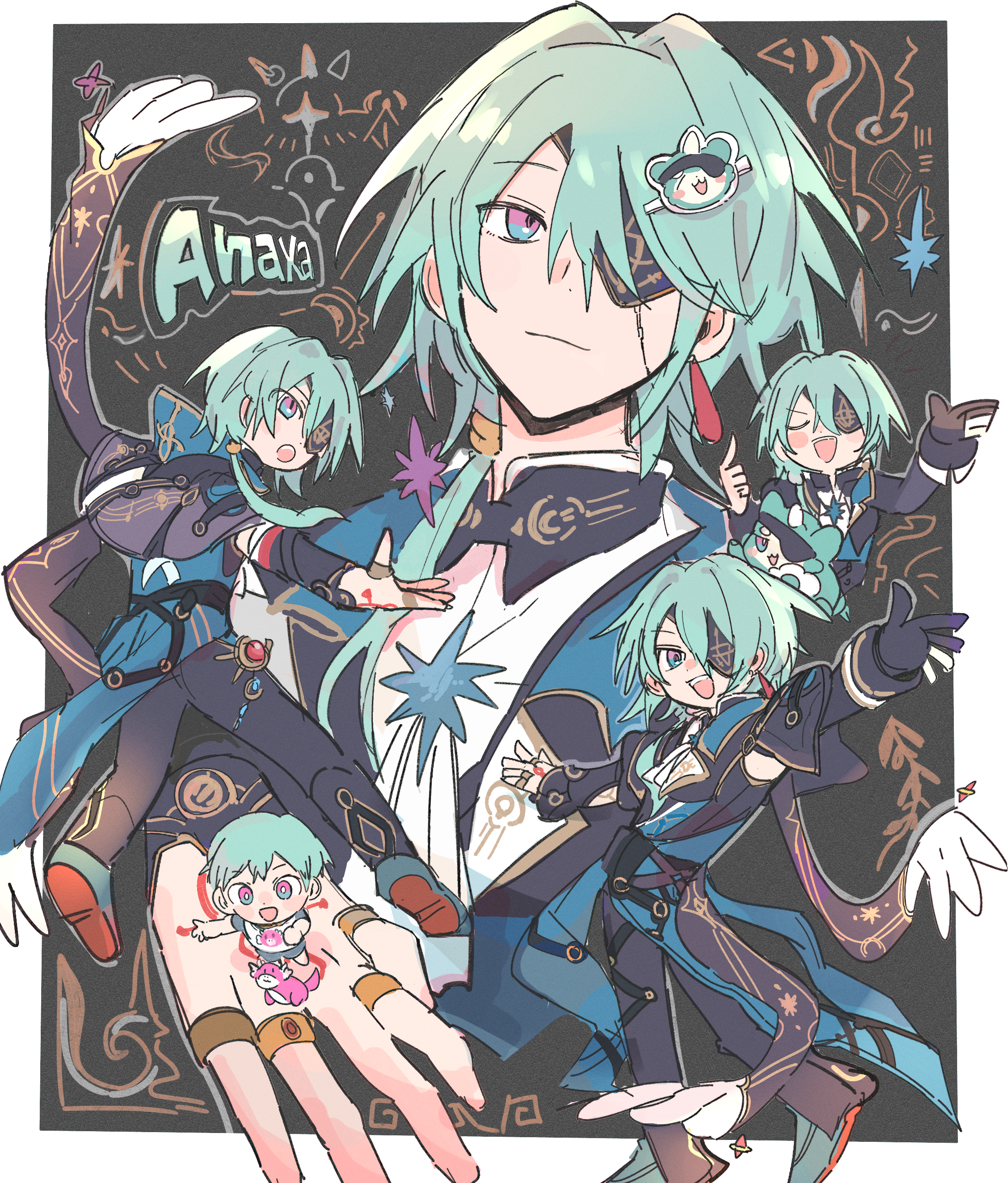 anaxa (honkai: star rail), honkai: star rail, honkai (series), absurdres, commentary request, highres, 1boy, aged down, aqua hair, black jacket, black pants, blue eyes, blush stickers, border, chain, character name, chibi, closed eyes, earrings, eyepatch, gem, hair between eyes, hair intakes, jacket, jewelry, lapels, looking at viewer, male focus, mandarin collar, medium hair, multicolored eyes, multiple rings, multiple views, notched lapels, one eye covered, pants, pink eyes, red gemstone, ring, shirt, side ponytail, single earring, siokuran, smile, two-tone eyes, upper body, white border, white shirt