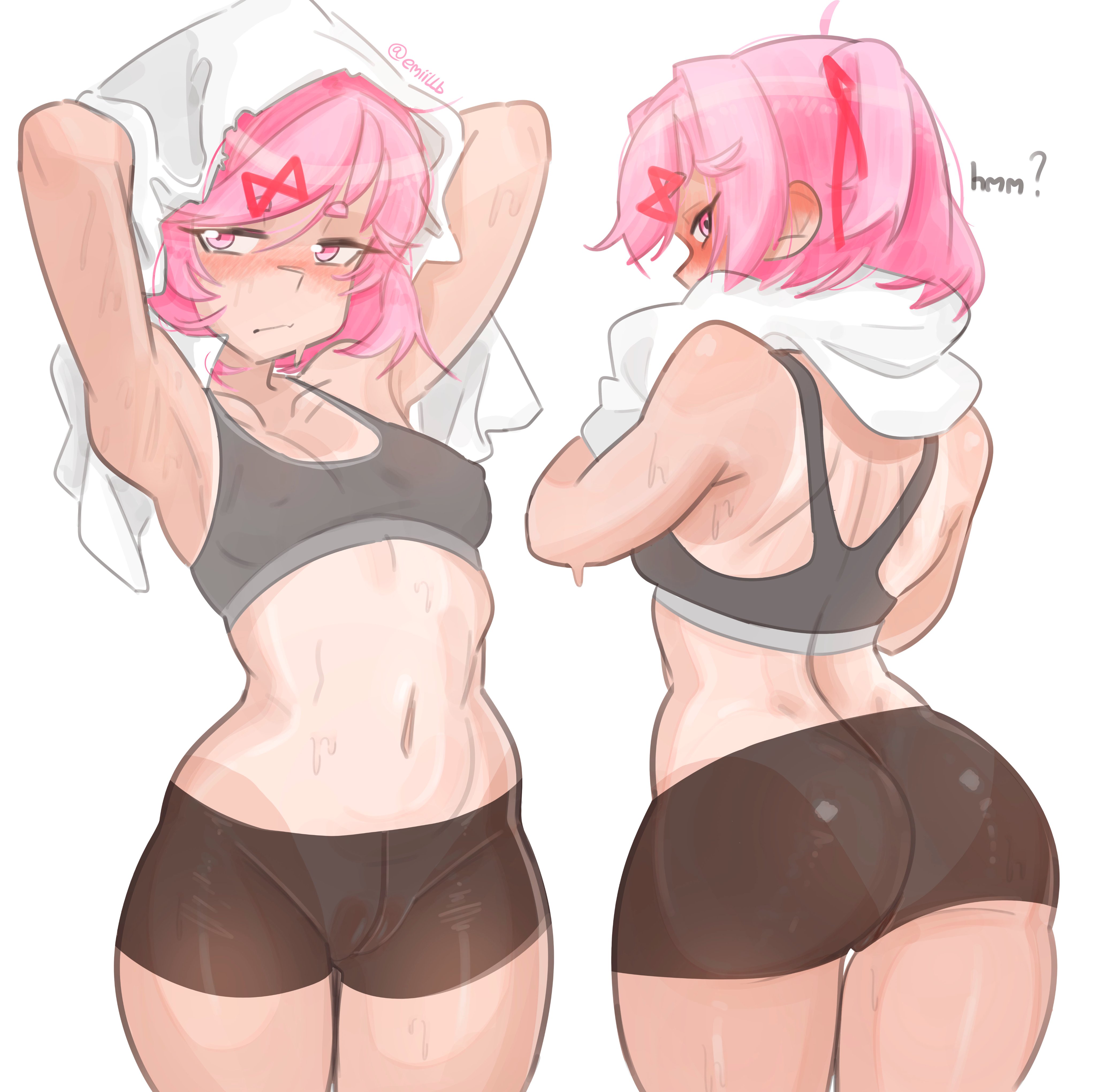 emiillb, natsuki (doki doki literature club), doki doki literature club, absurdres, commentary, highres, symbol-only commentary, 1girl, armpits, ass, back, bare shoulders, blush, breasts, gym shorts, hair ribbon, holding, holding towel, navel, pink eyes, pink hair, red ribbon, ribbon, shorts, small breasts, solo, sweat, sweatdrop, tan, tanline, towel, twitter username, white background