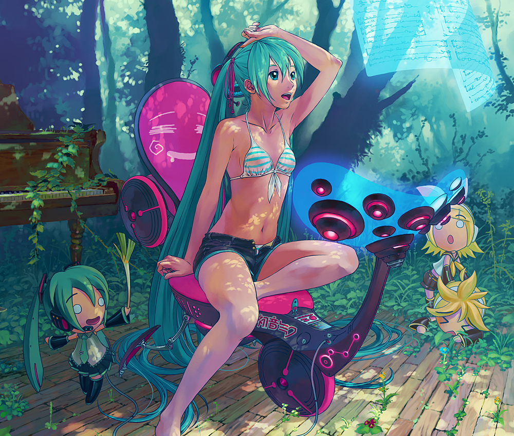 reise, hachune miku, hatsune miku, kagamine len, kagamine rin, vocaloid, 1girl, aqua hair, bikini, bikini top only, breasts, chibi, dappled sunlight, denim, denim shorts, female focus, front-tie top, instrument, legs, piano, shorts, siblings, small breasts, solo, spring onion, striped bikini, striped clothes, sunlight, swimsuit, unzipped