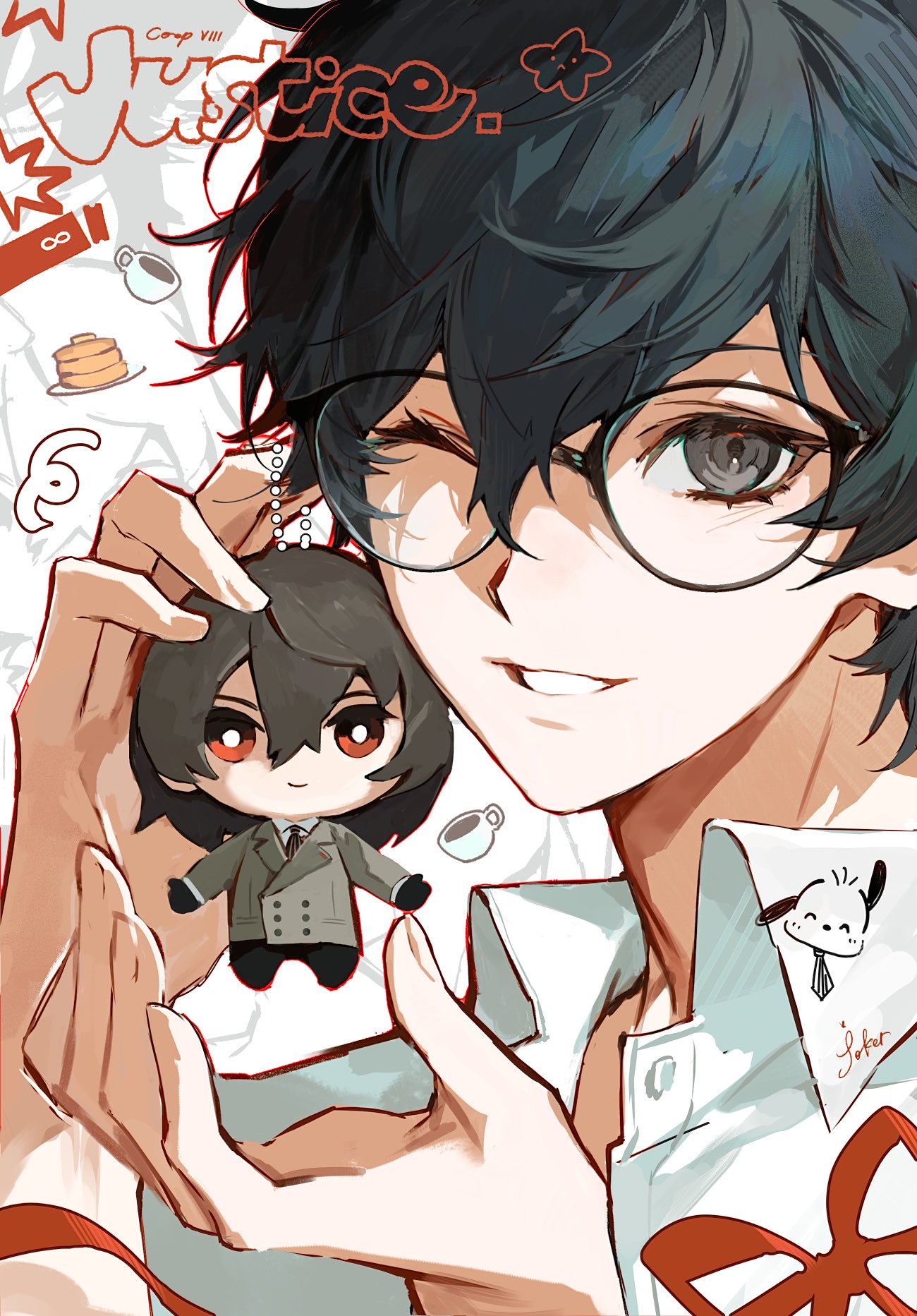 akechi gorou, amamiya ren, persona, persona 5, commentary, english commentary, highres, 1boy, black-framed eyewear, black eyes, black hair, character doll, character name, doll, english text, fingernails, glasses, grin, hair between eyes, hands up, holding, holding doll, looking at viewer, male focus, objectification, portrait, ppeko0602, red ribbon, ribbon, shirt, short hair, smile, white shirt, wing collar