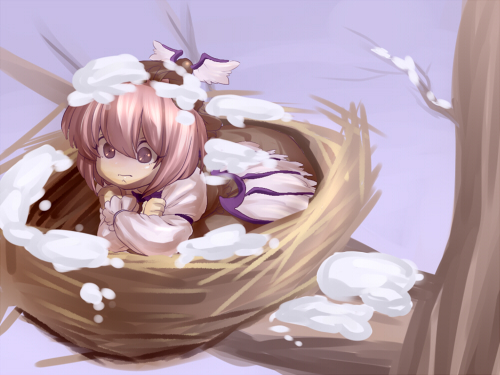 castella, mystia lorelei, touhou, lowres, 1girl, cold, crossed arms, female focus, in nest, in tree, nest, pink hair, purple eyes, short hair, snow, solo, tree, wings, winter