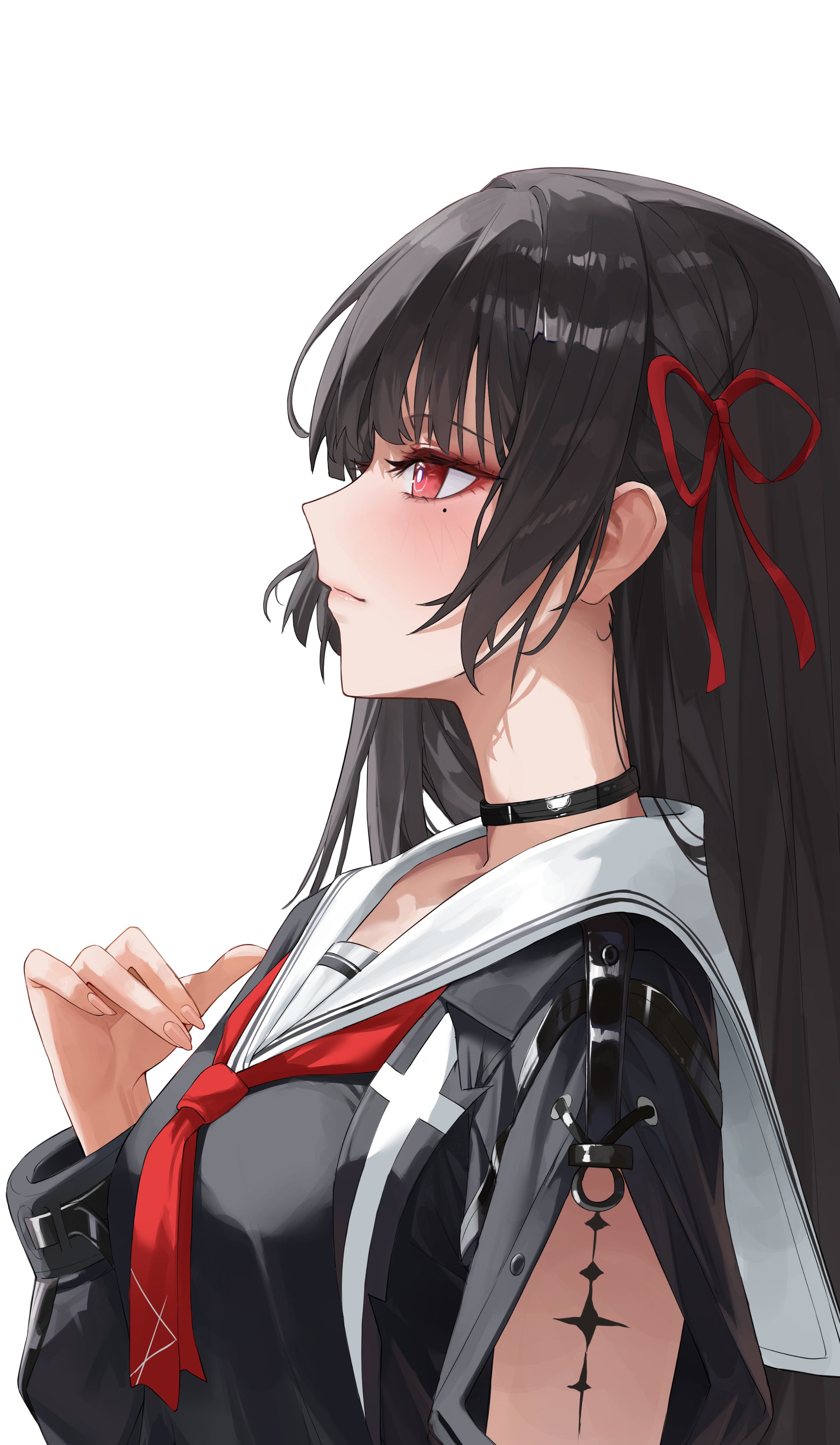 hikimori 1, chisa (wuthering waves), wuthering waves, absurdres, commentary, highres, symbol-only commentary, 1girl, black hair, black jacket, black shirt, breasts, choker, closed mouth, fingernails, from side, hair ribbon, hand up, jacket, long hair, medium breasts, mole, mole under eye, neckerchief, profile, red eyes, red neckerchief, red ribbon, ribbon, sailor collar, shirt, simple background, solo, tacet mark (wuthering waves), upper body, white background, white sailor collar