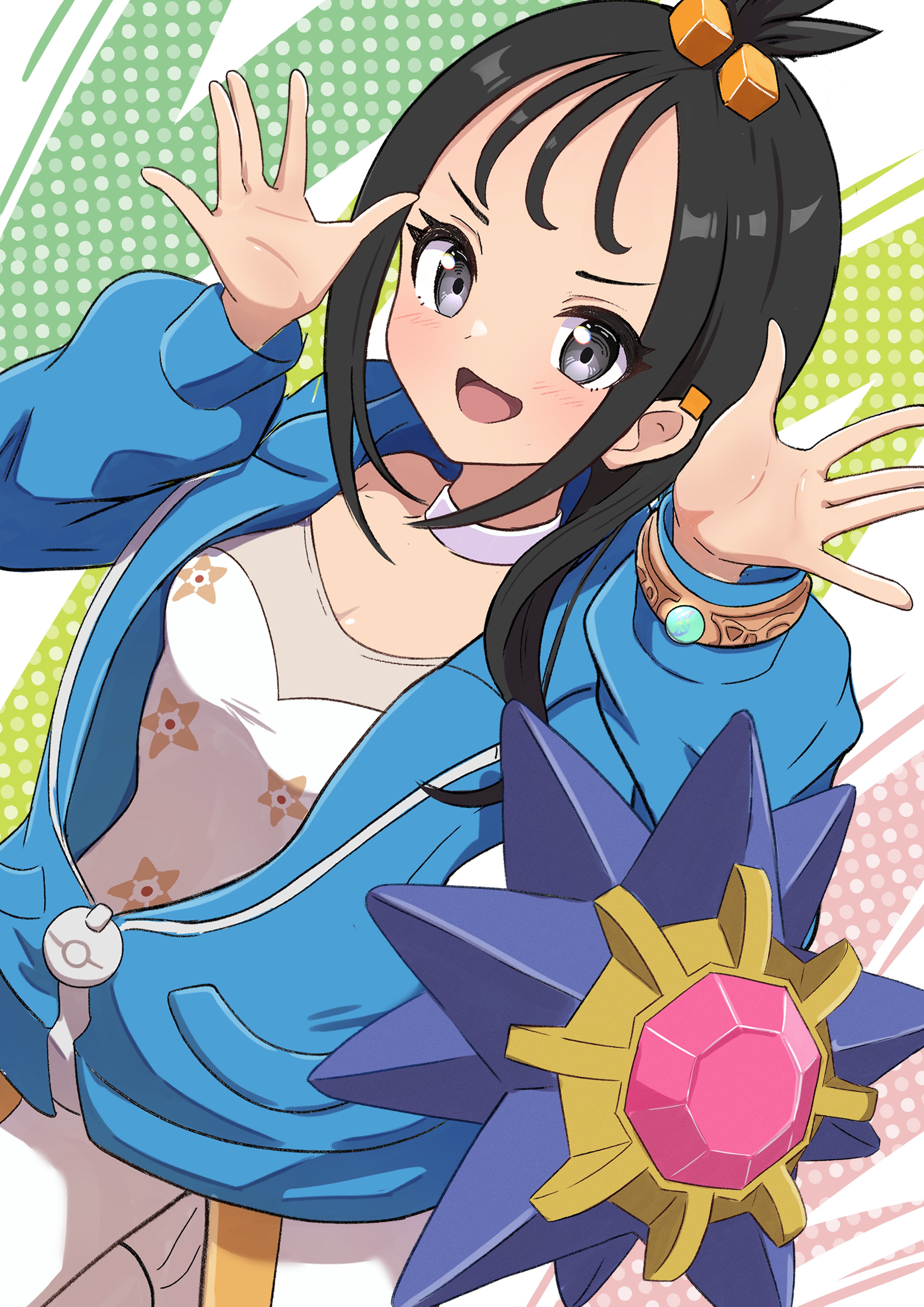 rono (lethys), lida (pokemon), starmie, nintendo, pokemon, pokemon legends: z-a, absurdres, commentary request, highres, 1girl, black hair, blue hoodie, breasts, cube hair ornament, earclip, gem, gen 1 pokemon, grey eyes, hair ornament, hood, hood down, hoodie, jacket, long hair, long sleeves, looking at viewer, mega ring, mega stone, no eyes, open mouth, pokemon (creature), red gemstone, shirt, smile, starfish, topknot