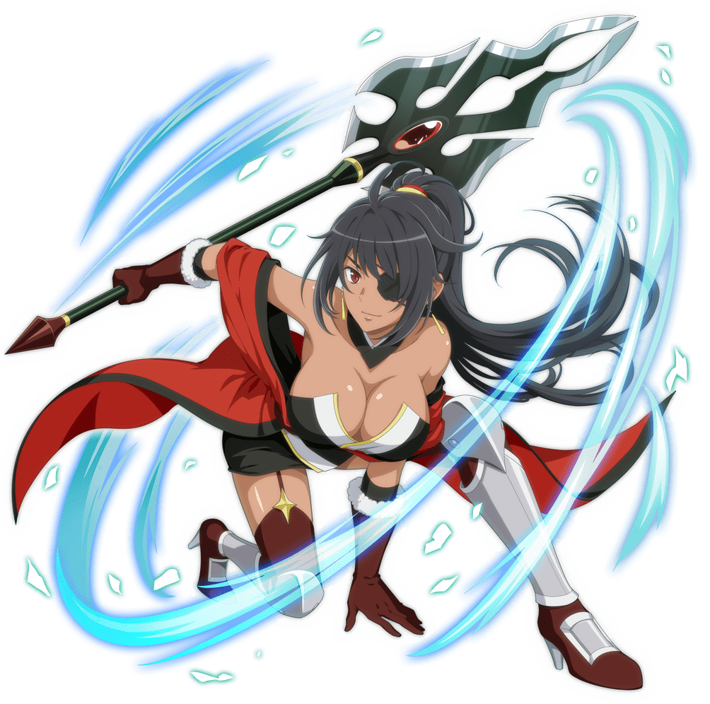 tsubaki collbrande, danmachi memoria freese, dungeon ni deai wo motomeru no wa machigatteiru darou ka, game cg, official art, third-party source, 1girl, anime coloring, arm support, armored boots, bare shoulders, black hair, boots, breasts, cleavage, closed mouth, dark-skinned female, dark skin, earrings, eyepatch, full body, fur-trimmed gloves, fur trim, garter straps, gloves, hand up, high ponytail, holding, holding polearm, holding weapon, japanese clothes, jewelry, large breasts, long hair, looking at viewer, official alternate costume, official alternate hairstyle, on one knee, polearm, ponytail, red eyes, red gloves, sidelocks, smile, solo, thigh boots, weapon