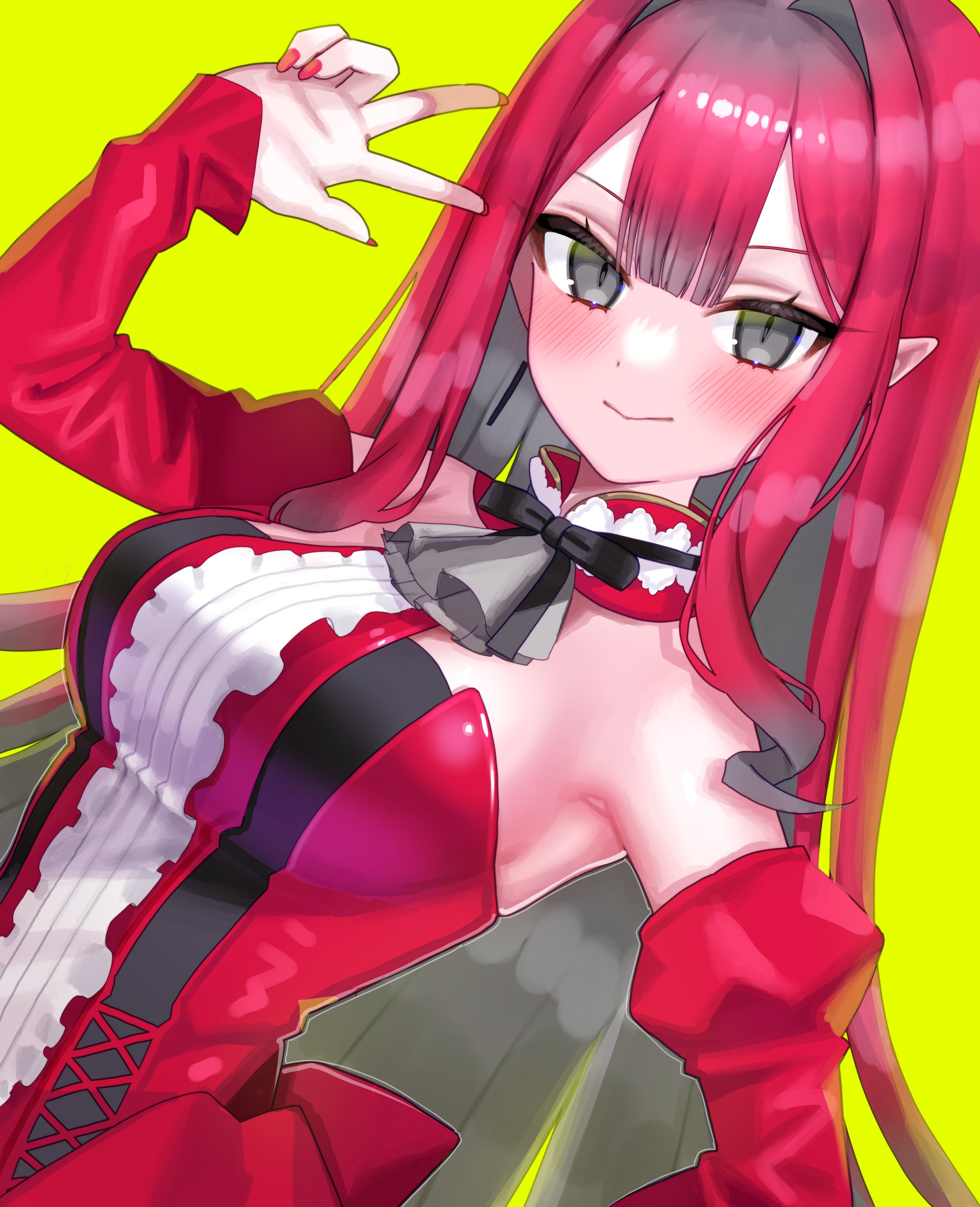 katashiro, baobhan sith (fate), baobhan sith (first ascension) (fate), fate/grand order, fate (series), absurdres, commentary request, highres, 1girl, bare shoulders, blush, breasts, center frills, detached collar, detached sleeves, dress, earrings, frills, grey eyes, jewelry, large breasts, long hair, looking at viewer, pink hair, pointy ears, red dress, sidelocks, smile, solo, tiara, v