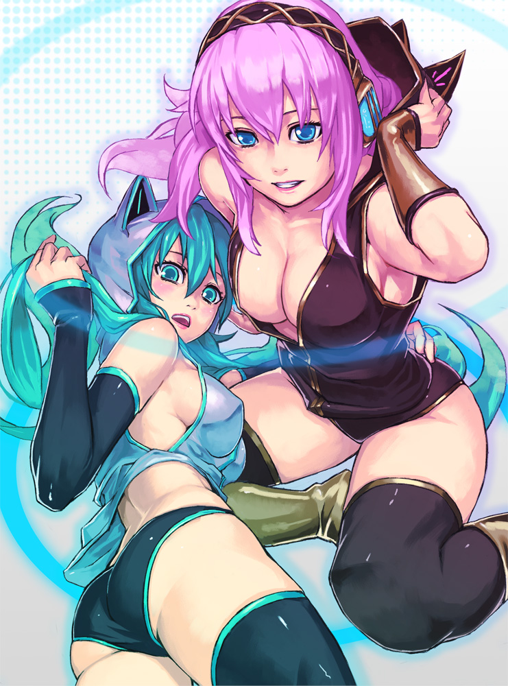 yuuji (and), hatsune miku, megurine luka, vocaloid, bad id, bad pixiv id, 2girls, animal ears, ass, blue eyes, blush, breasts, cat ears, cleavage, hood, large breasts, long hair, medium breasts, multiple girls, panties, thighhighs, underwear, very long hair