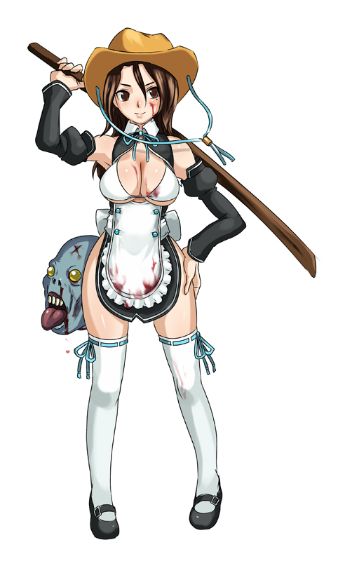 butcha-u, aya (oneechanbara), dream c club, dream c club (series), oneechanbara, head, 1girl, :p, apron, bikini, bikini top only, blood, bokken, breasts, brown eyes, brown hair, cleavage, cowboy hat, cowboy western, detached sleeves, female focus, full body, hand on own hip, hat, hip focus, large breasts, long hair, no panties, parody, severed head, smile, solo, standing, swimsuit, sword, thighhighs, tongue, tongue out, underboob, waitress, weapon, white thighhighs, wooden sword, yellow eyes