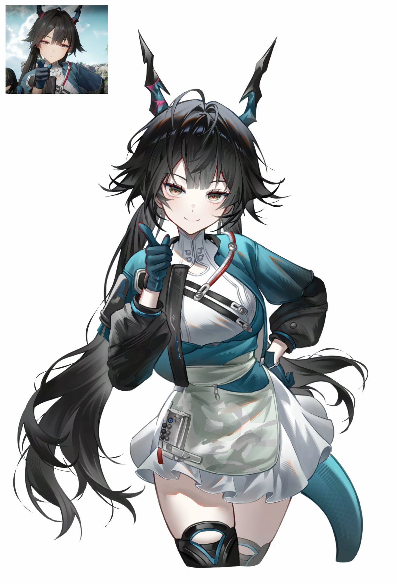 rio (rio773), chen qianyu (arknights), arknights, arknights: endfield, commentary, hashtag-only commentary, highres, 1girl, aqua gloves, aqua jacket, black hair, blue tail, cropped legs, dragon girl, dragon horns, dragon tail, eastern dragon horns, eastern dragon tail, game screenshot inset, gloves, grey eyes, horns, jacket, long hair, long sleeves, looking at viewer, pointing, pointing at viewer, reference inset, screenshot inset, simple background, smile, solo, tail, twintails, white background