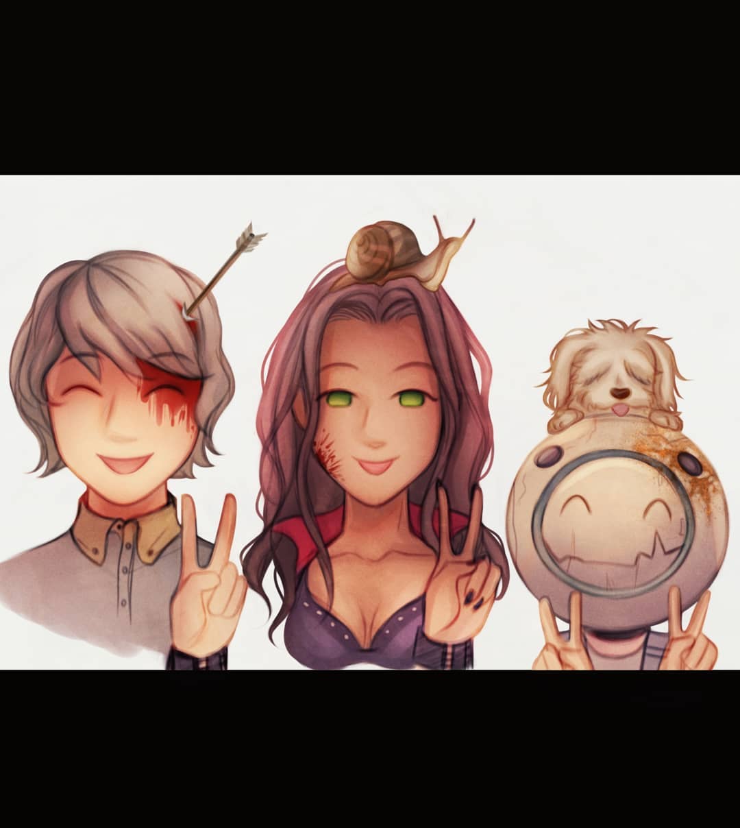 kyokugen dasshutsu, zero escape: toki no dilemma, commentary, english commentary, highres, 1girl, 2boys, animal, animal on head, arrow (projectile), arrow in body, arrow in head, black bra, black nails, blood, blood on face, bra, breasts, brown hair, buttons, cleavage, closed eyes, collarbone, collared shirt, crack, dog, eric (kyokugen dasshutsu), fingernails, gab (kyokugen dasshutsu), green eyes, helmet, injury, letterboxed, long hair, major injury underreaction, mira (kyokugen dasshutsu), multiple boys, nail polish, no sclera, object through head, on head, open mouth, q (kyokugen dasshutsu), rust, shirt, short hair, simple background, smile, snail, snail on head, solarwreathe, tongue, tongue out, underwear, v, white background