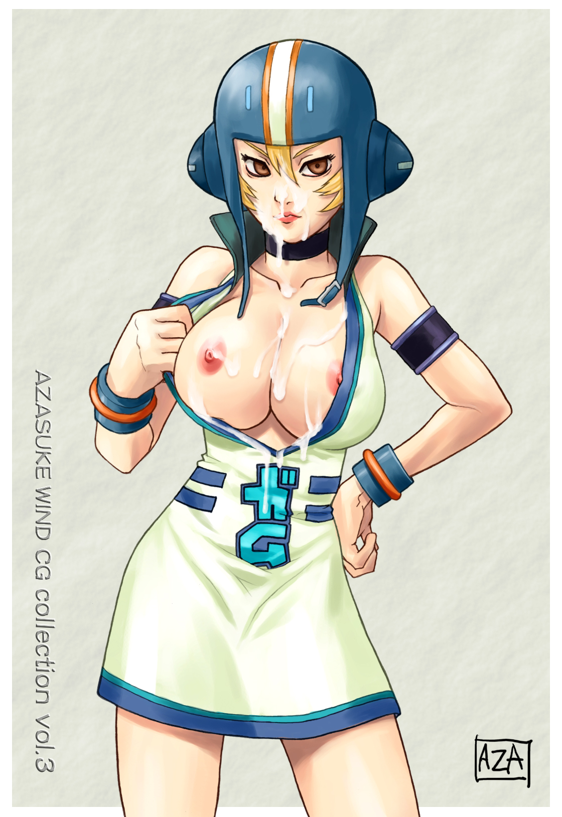 azasuke, gum (jsr), jet set radio, sega, highres, breasts, bukkake, clothes pull, cum, cum on body, cum on breasts, cum on upper body, facial, nipples, shirt pull