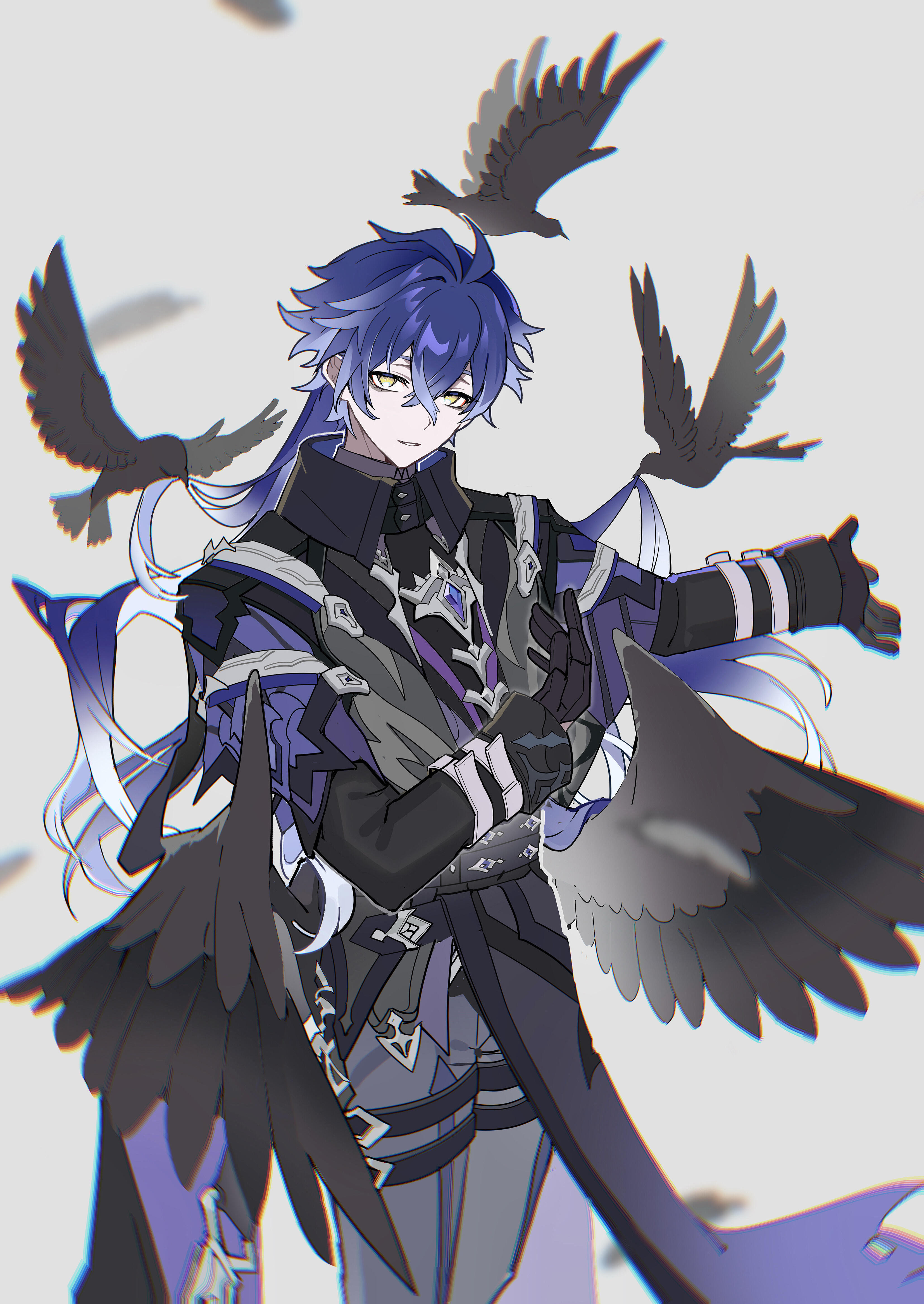 flins (genshin impact), genshin impact, absurdres, bad source, highres, 1boy, bird, black gloves, blue hair, crow, dino qiu, feathers, glasses, gloves, hair between eyes, jewelry, long hair, long sleeves, looking at viewer, male focus, multicolored hair, pants, simple background, solo, white background, wings, yellow eyes
