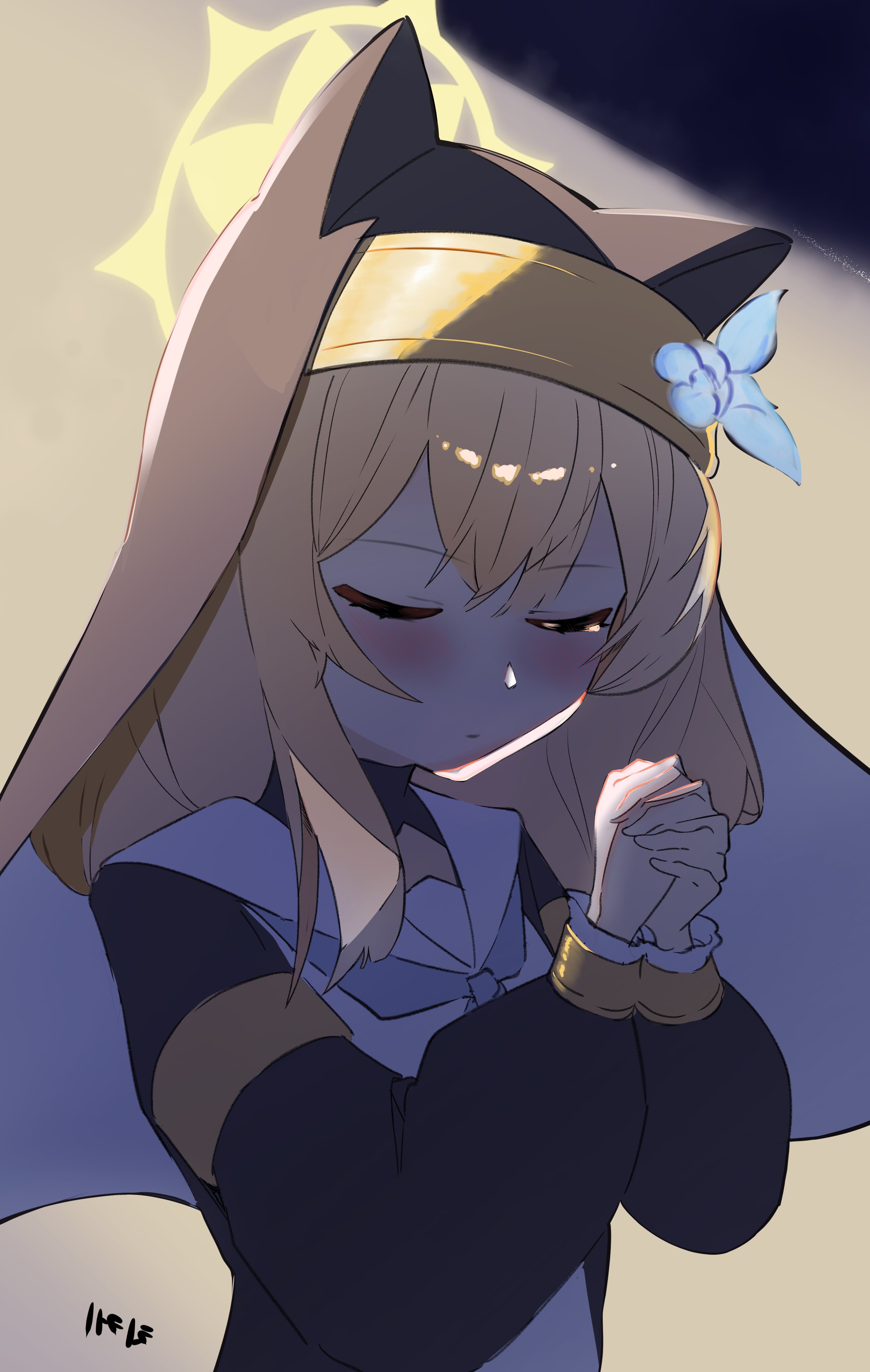cheeckae, blue archive, gold armlet, absurdres, commentary, highres, 1girl, animal ear headwear, animal ears, armlet, backlighting, black coat, black veil, blue neckerchief, blush, braid, cat ears, closed eyes, closed mouth, coat, coif, dress, fake animal ears, flower, frilled sleeves, frills, halo, hat, hat flower, hat ornament, jewelry, leaf hat ornament, long hair, long sleeves, neckerchief, nun, open clothes, open coat, orange hair, own hands together, praying, puffy long sleeves, puffy sleeves, sailor collar, shirt, short sleeves, shorts, sidelocks, signature, simple background, single braid, slit pupils, smile, solo, sweatdrop, triangle mouth, veil, white dress, white flower, white sailor collar, white shirt, yellow halo