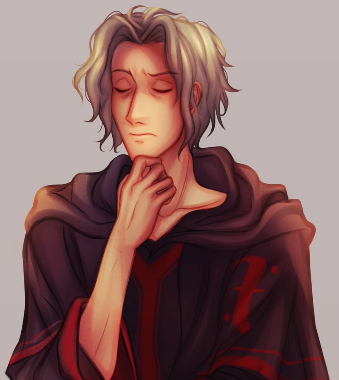 niels (kyokugen dasshutsu), kyokugen dasshutsu, kyokugen dasshutsu: 9 jikan 9 nin 9 no tobira, commentary, english commentary, highres, 1boy, black cloak, cloak, closed eyes, closed mouth, grey background, grey hair, hand on own chest, hood, hood down, hooded cloak, male focus, official alternate costume, short hair, simple background, solarwreathe, solo, upper body