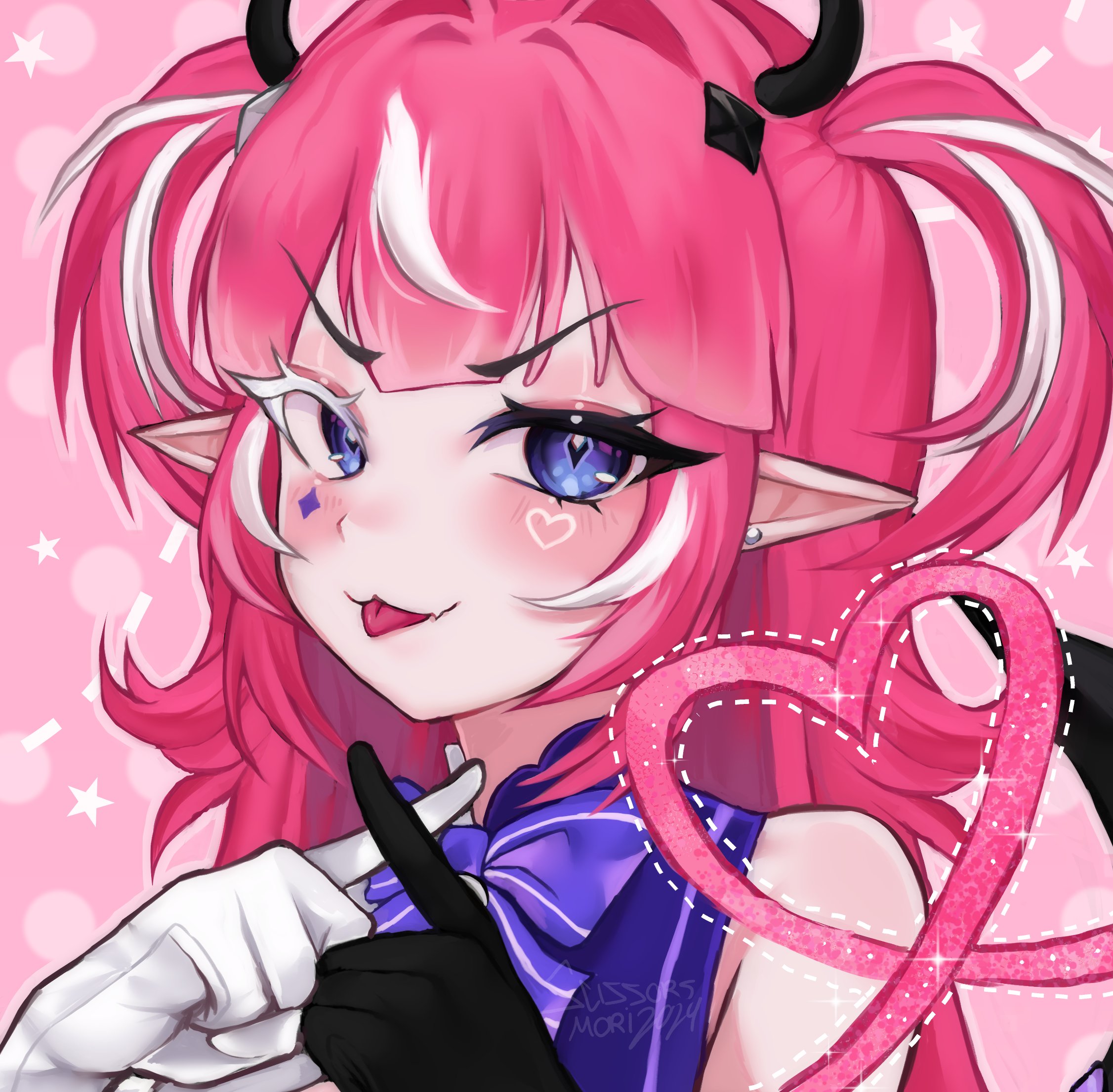 camila (cami 2.0) (vtuber), camila (vtuber), indie virtual youtuber, commentary, highres, symbol-only commentary, 1girl, :3, asymmetrical gloves, bare shoulders, blush, bow, colored eyelashes, crossed fingers, diamond-shaped pupils, diamond (shape), diamond facial mark, diamond hair ornament, dotted line, earrings, eyelashes, facial mark, fang, gloves, hair intakes, heart, heart facial mark, jewelry, medium hair, mismatched eyebrows, mismatched eyelashes, mismatched gloves, multicolored hair, pink background, pointy ears, portrait, purple bow, purple eyes, scissors mori, skin fang, smile, solo, sparkle, streaked hair, symbol-shaped pupils, tongue, tongue out, two-tone hair, two side up, v-shaped eyebrows, virtual youtuber, white hair