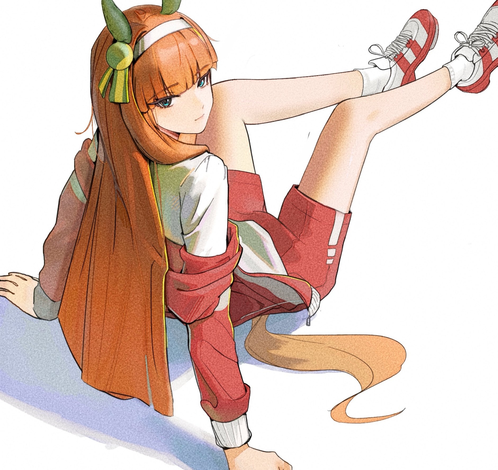 woxinruhuo, silence suzuka (umamusume), umamusume, hashtag-only commentary, highres, 1girl, animal ears, blue eyes, blunt bangs, closed mouth, ear covers, full body, hairband, horse ears, horse girl, horse tail, jacket, long hair, orange hair, red jacket, red shoes, red shorts, shirt, shoes, shorts, simple background, sitting, sneakers, socks, solo, tail, tracen training uniform, track jacket, white background, white hairband, white shirt, white socks
