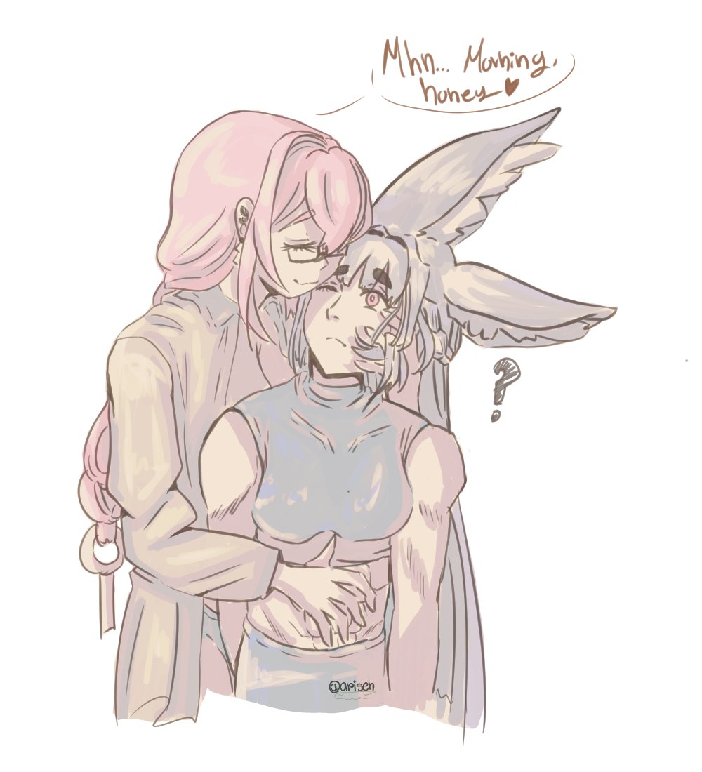 hoshimi miyabi, tsukishiro yanagi, zenless zone zero, commentary, english commentary, 2girls, animal ear fluff, animal ears, arisen miyabon7, artist name, blunt bangs, closed eyes, closed mouth, english text, fox ears, fox girl, glasses, hair between eyes, hug, hug from behind, long hair, looking at another, multiple girls, one eye closed, red eyes, sidelocks, simple background, smile, white background, yuri