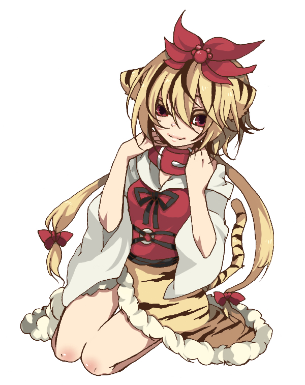 takesouko, toramaru shou, touhou, bad id, bad pixiv id, 1girl, animal ears, animal print, blonde hair, collar, female focus, hair ornament, kemonomimi mode, red eyes, solo, tail, tiger ears, tiger print, tiger tail