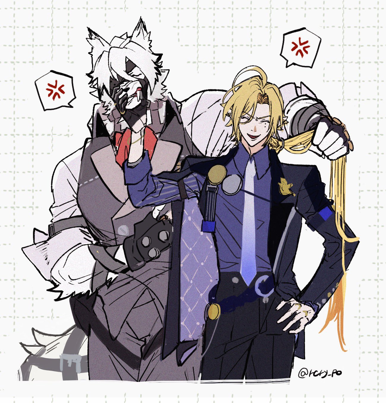 rcry po, hugo vlad, von lycaon, zenless zone zero, commentary request, highres, 2boys, anger vein, artist name, black gloves, blonde hair, closed eyes, cowboy shot, fingerless gloves, gloves, hair between eyes, hand on own hip, long hair, male focus, multiple boys, open mouth, short hair, smile, white hair