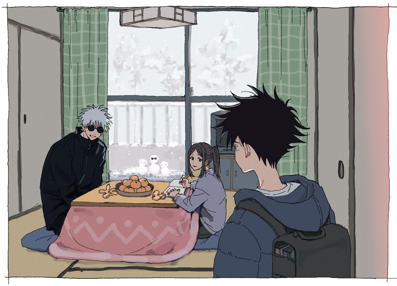 fushiguro megumi, fushiguro tsumiki, gojou satoru, jujutsu kaisen, 1girl, 20thcmuseum, 2boys, backpack, bag, black bag, black eyes, black hair, black jacket, book, border, cabinet, curtains, food, fruit, grey hair, grey hoodie, grin, handrail, high collar, holding, holding pen, hood, hoodie, jacket, kotatsu, looking at another, mandarin orange, multiple boys, open book, pen, plate, randoseru, shouji, sitting, sliding doors, smile, snow, table, television, white border, winter, writing