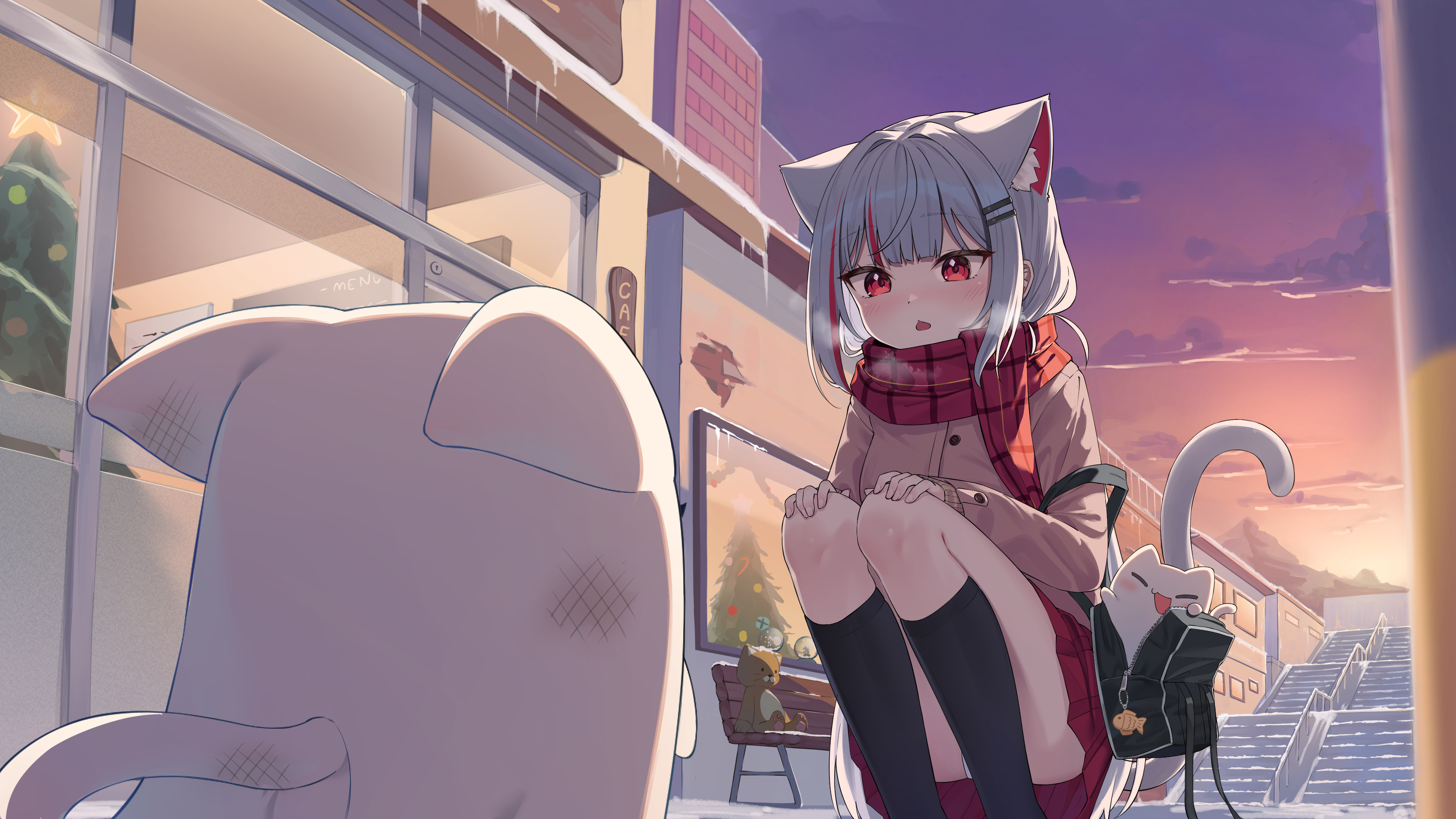 lunyaria, maro (neneko mashiro), neneko mashiro, stellive, absurdres, commentary request, highres, korean commentary, 1girl, animal ears, bag, bench, black socks, breath, brown jacket, cat ears, cat girl, cat tail, chestnut mouth, christmas tree, cold, creature, dirty, extra ears, grey hair, hands on own knees, in bag, in container, jacket, long sleeves, looking at another, miniskirt, multicolored hair, panties, pantyshot, parted lips, red eyes, red hair, red scarf, red skirt, scarf, short hair, skirt, snow, socks, squatting, streaked hair, stuffed animal, stuffed toy, tail, teddy bear, twilight, underwear, white panties