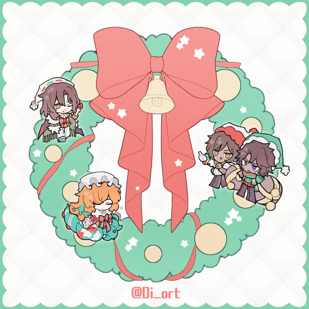 diort, gregor (project moon), heathcliff (project moon), ishmael (project moon), outis (project moon), limbus company, project moon, commentary request, 2boys, 2girls, bell, bow, bowtie, brown eyes, brown hair, christmas, christmas nightmare (e.g.o), christmas wreath, closed eyes, e.g.o (project moon), green hat, green scarf, hat, holding, holding sack, holiday (e.g.o), jingle bell, long hair, mini person, miniboy, minigirl, mob cap, multiple boys, multiple girls, one eye closed, open mouth, orange hair, purple eyes, sack, santa hat, scarf, smile, striped bow, striped bowtie, striped clothes, tentacles, very long hair, white hat, wreath