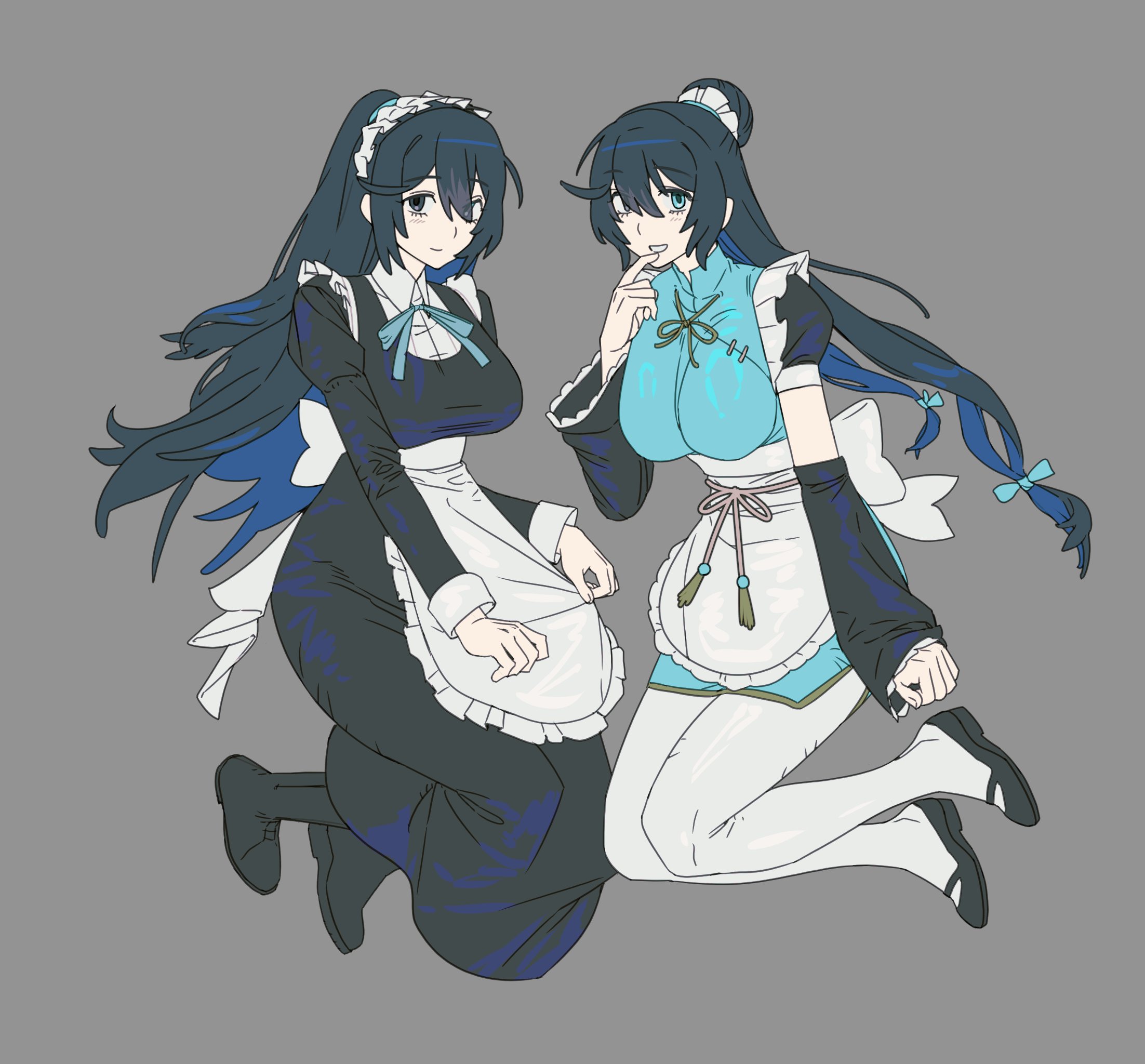 hong lu (project moon), limbus company, project moon, highres, 2girls, apron, aqua dress, black sleeves, blue ribbon, breasts, china dress, chinese clothes, detached sleeves, dress, full body, genderswap, genderswap (mtf), grey background, half up bun, half updo, large breasts, maid, maid headdress, multiple girls, neck ribbon, pantyhose, puffy short sleeves, puffy sleeves, qi maid, ribbon, short sleeves, simple background, waist apron, white apron, white pantyhose, woodhdhg