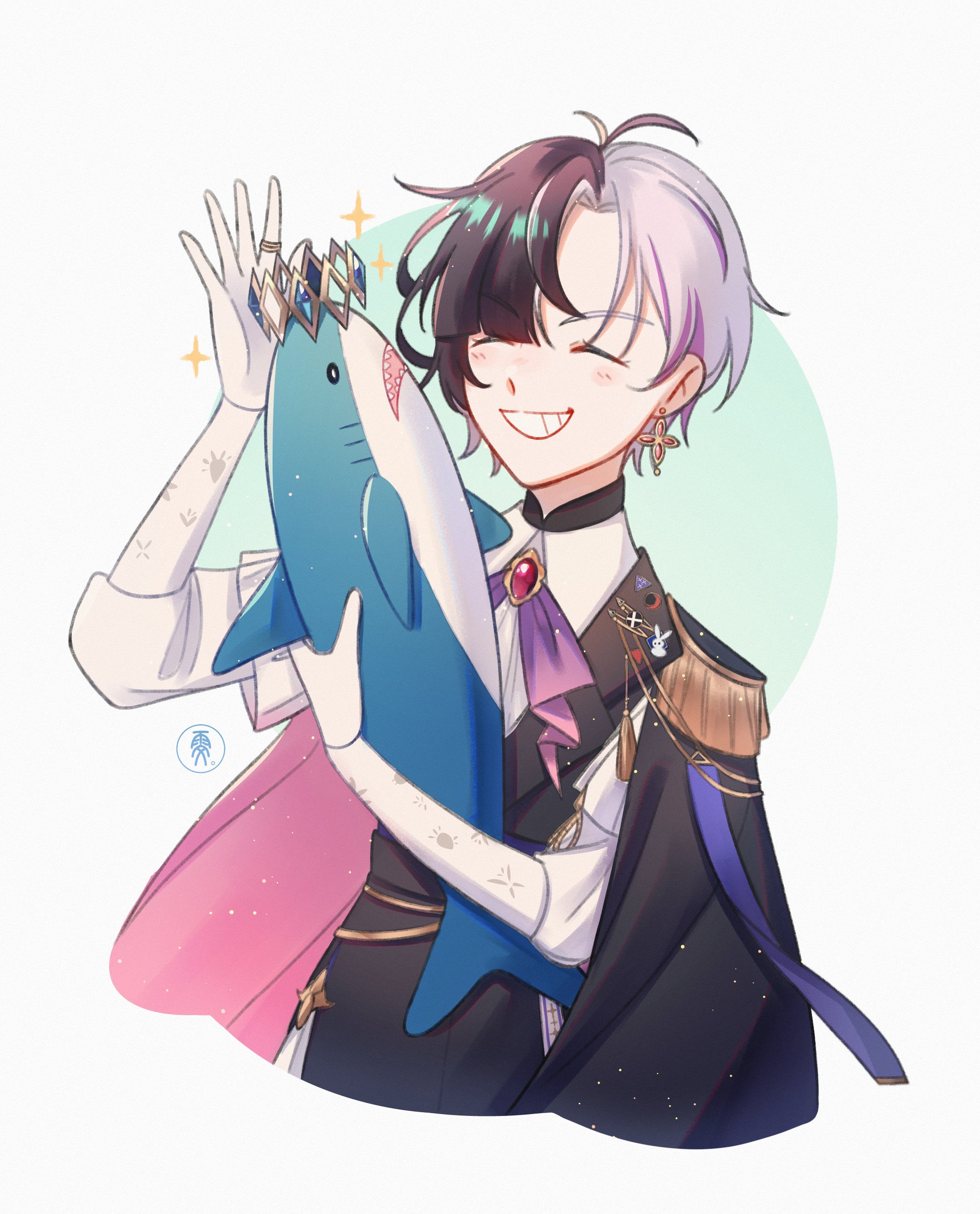 wennchu, ikea shark, rin penrose, chromashift, absurdres, commentary, commission, english commentary, highres, second-party source, 1girl, androgynous, antenna hair, ascot, black hair, blush, cropped torso, earrings, epaulettes, gloves, grin, holding, holding stuffed toy, jewelry, multicolored hair, purple ascot, purple hair, short hair, simple background, single epaulette, smile, solo, split-color hair, stuffed animal, stuffed shark, stuffed toy, teeth, two-tone hair, virtual youtuber, white background, white gloves