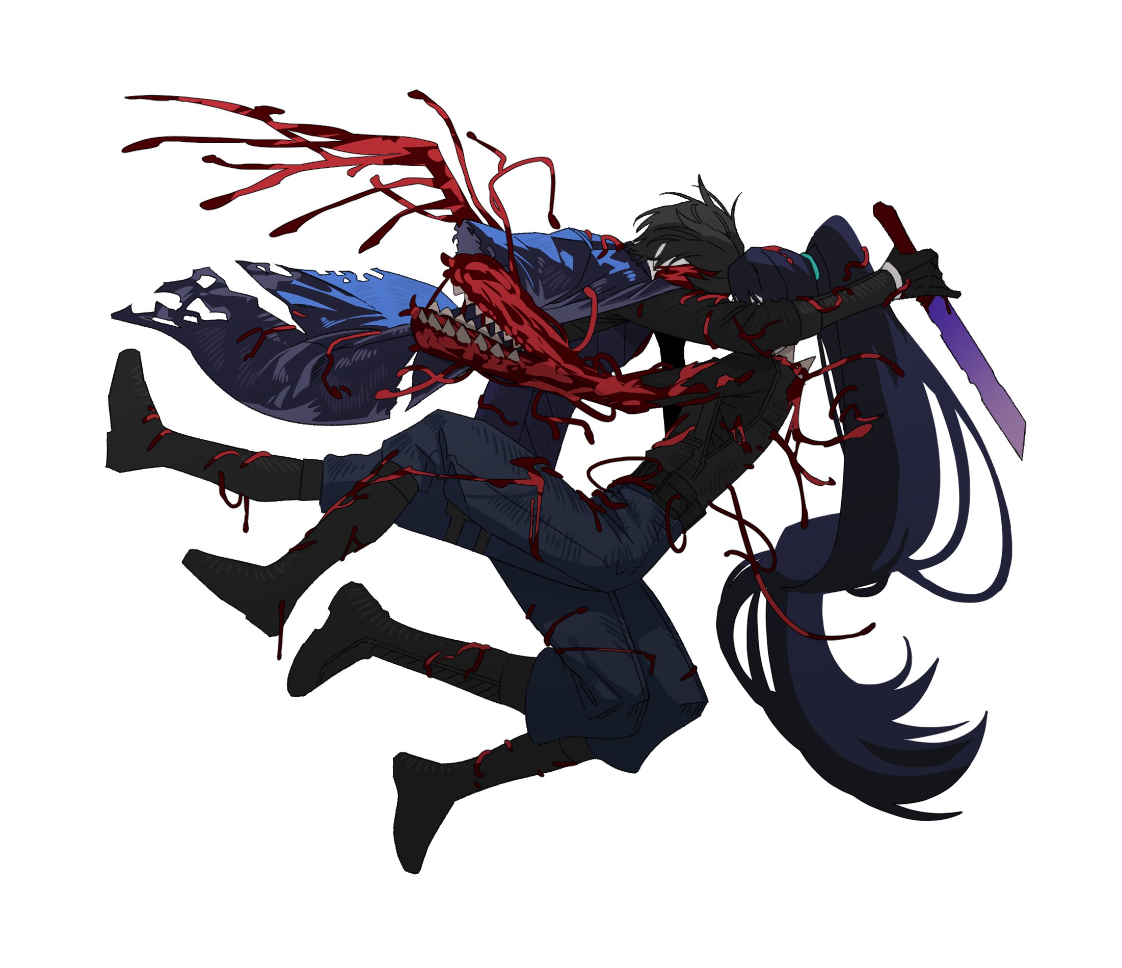 hong lu (project moon), yi sang (project moon), limbus company, project moon, hashtag-only commentary, highres, 2boys, black boots, black hair, blood wings, blue coat, blue pants, boots, coat, coat on shoulders, dagger, dimension shredder (e.g.o), e.g.o (project moon), extra mouth, flesh, full body, high ponytail, holding, holding dagger, holding knife, holding weapon, hug, knife, long hair, multiple boys, pants, ponytail, simple background, single wing, very long hair, w corp. (identity) (project moon), weapon, white background, wings, woodhdhg