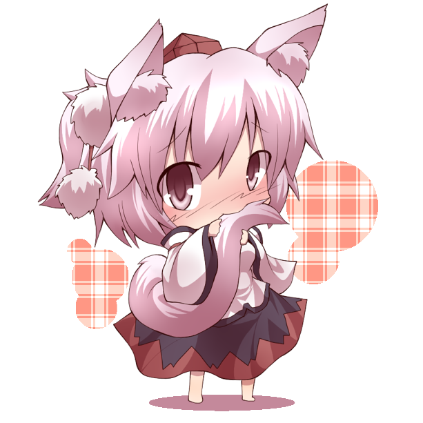 kuromiya, inubashiri momiji, touhou, silver hair, tail biting, 1girl, animal ears, biting, biting own tail, chibi, detached sleeves, female focus, full body, hat, hugging own tail, hugging tail, pink eyes, short hair, solo, standing, tail, tokin hat, white background, wolf ears, wolf tail
