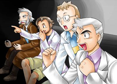 professor birch, professor elm, professor oak, professor rowan, nintendo, pokemon, pokemon dppt, pokemon gsc, pokemon rgby, pokemon rse, jpeg artifacts, lowres, 4boys, blouse, blue shirt, brown hair, coat, collared shirt, from side, gaijin 4koma (meme), glasses, lab coat, male focus, meme, multiple boys, parody, purple shirt, shirt, trench coat, white hair, white shirt