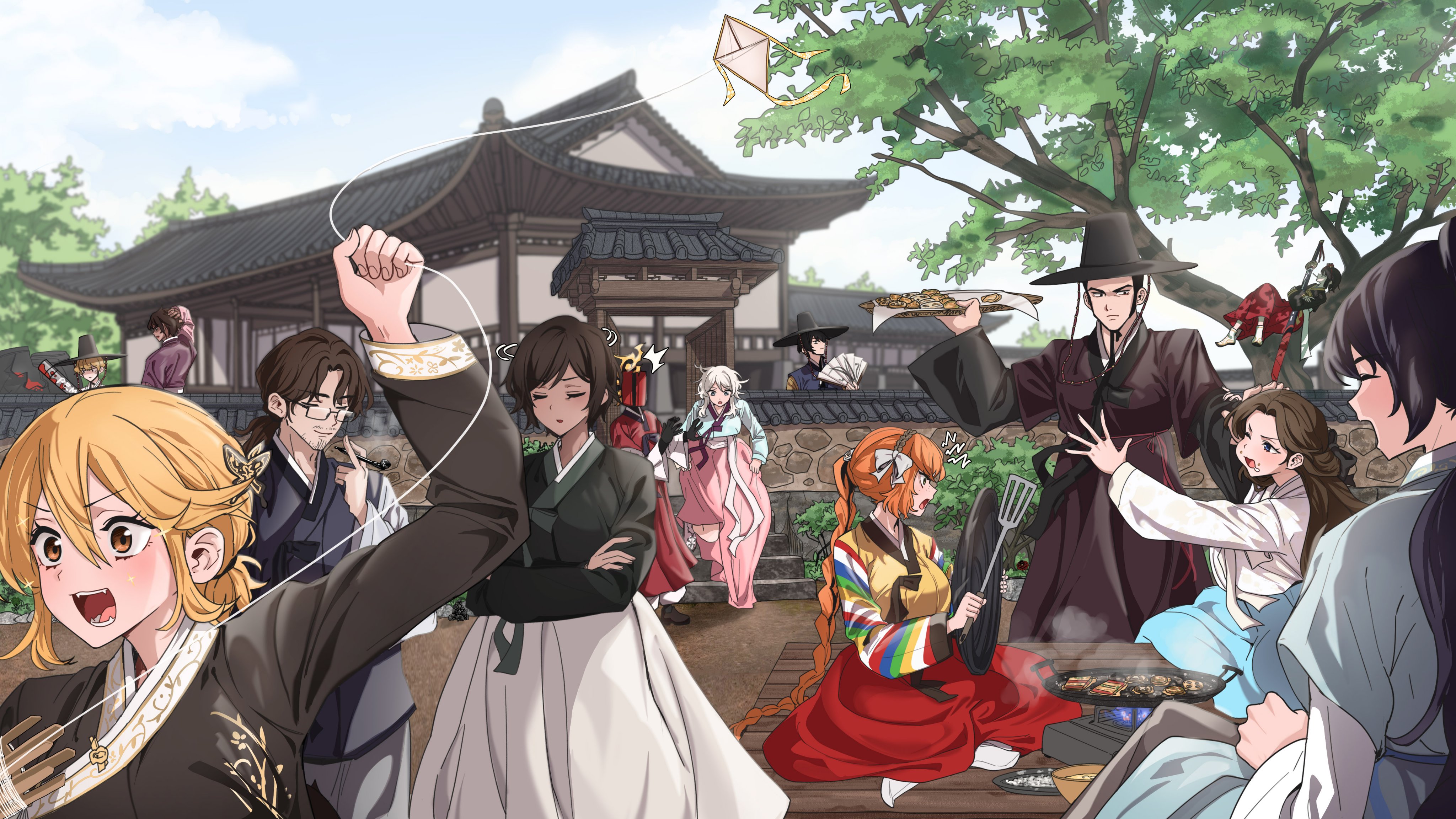 roan green, dante (limbus company), don quixote (project moon), faust (project moon), gregor (project moon), heathcliff (project moon), hong lu (project moon), ishmael (project moon), meursault (project moon), outis (project moon), rodion (project moon), ryoshu (project moon), sinclair (project moon), yi sang (project moon), limbus company, project moon, absurdres, commentary request, highres, korean commentary, 1other, 6+boys, 6+girls, architecture, black hanbok, blonde hair, blue skirt, brown hair, brown hanbok, east asian architecture, everyone, gat (hat), hanbok, hand fan, hat, holding, holding fan, kite flying, korea, korean clothes, long hair, multicolored sleeves, multiple boys, multiple girls, ootachi, open mouth, pink skir, purple hanbok, red skirt, short hair, skirt, smile, striped sleeves, tree, very long hair, white hanbok, white skirt, yellow eyes