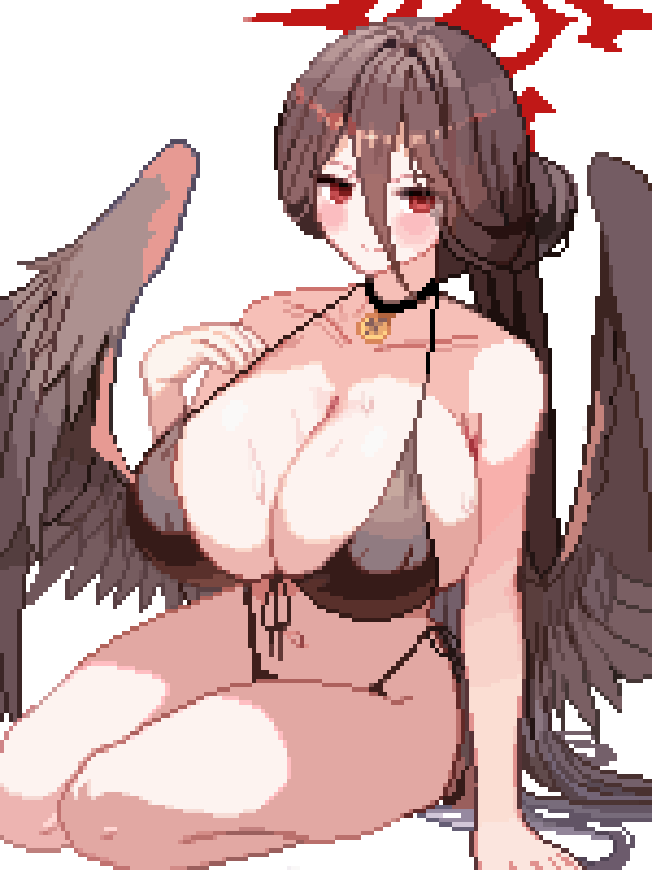 tinia etru, hasumi (blue archive), hasumi (swimsuit) (blue archive), blue archive, commentary, 1girl, bikini, black bikini, black choker, black hair, black wings, blush stickers, breasts, choker, cleavage, closed mouth, collarbone, feathered wings, front-tie bikini top, front-tie top, hair between eyes, hair bun, halo, highleg, highleg bikini, huge breasts, long hair, long hair between eyes, looking at viewer, low wings, navel, official alternate costume, official alternate hairstyle, pixel art, red eyes, red halo, side-tie bikini bottom, simple background, single hair bun, sitting, smile, solo, string bikini, swimsuit, thighs, very long hair, wet, white background, wings