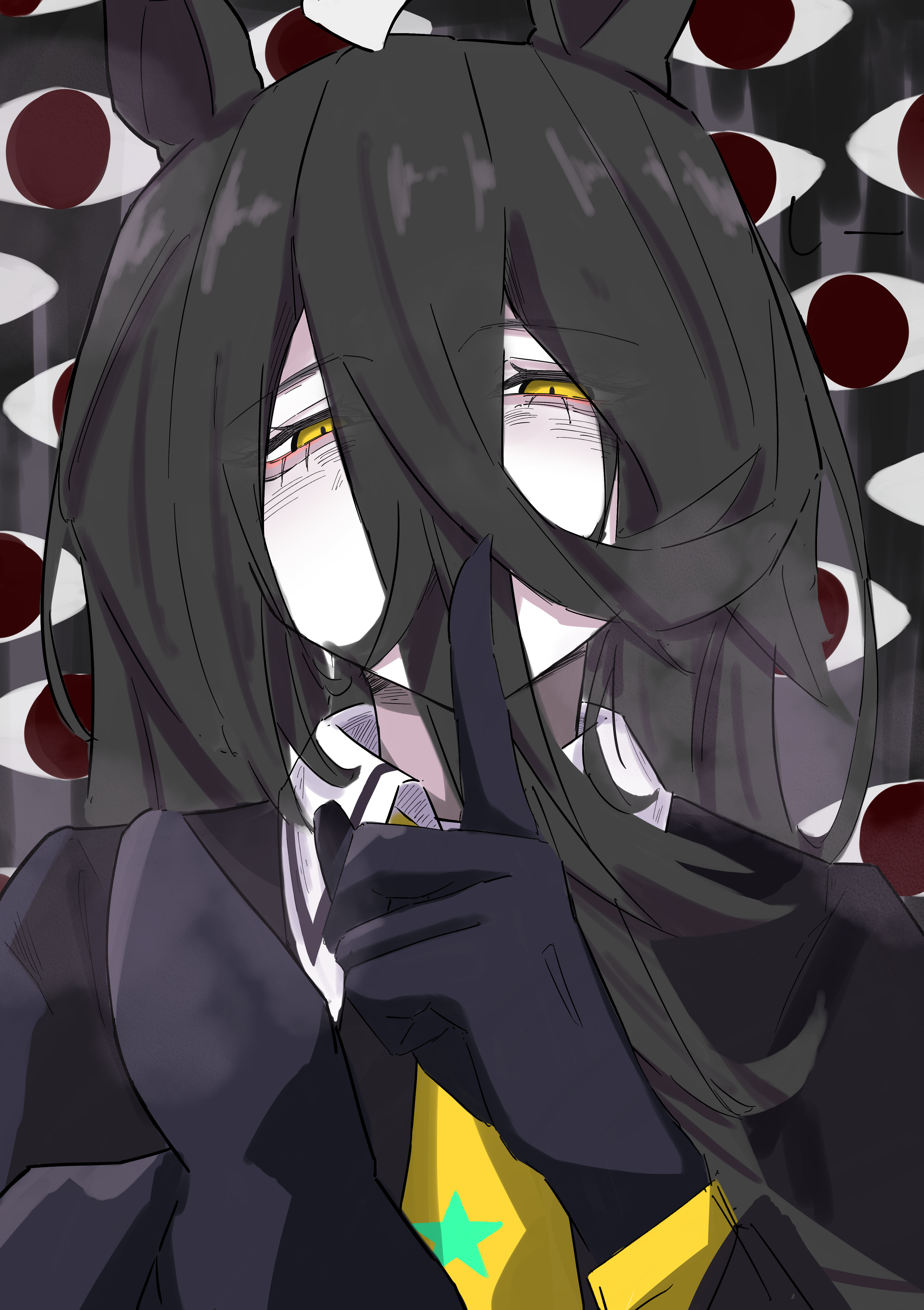 mikami jun (haaryan), manhattan cafe (umamusume), umamusume, absurdres, commentary request, highres, 1girl, animal ears, bags under eyes, black coat, black gloves, black hair, black shirt, coat, collared shirt, contrast collar, disembodied eye, finger to mouth, gloves, hair between eyes, hand up, heavy breathing, horror (theme), horse ears, horse girl, index finger raised, javelinlin1108, long hair, long hair between eyes, long sleeves, manhattan cafe (creeping shadow) (umamusume), necktie, pale skin, shirt, shushing, solo, white hair, yellow eyes, yellow necktie