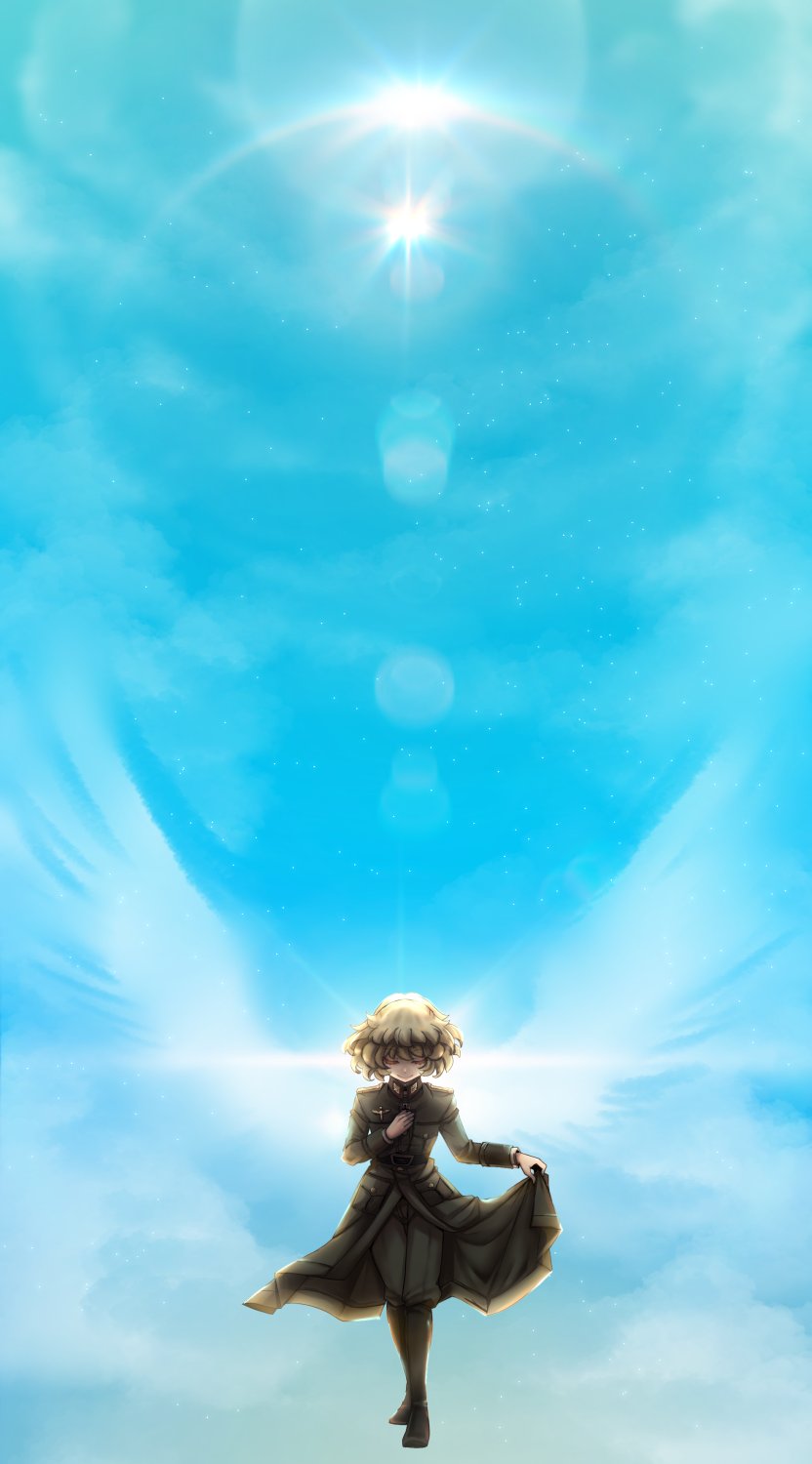 hal (goshujinomocha), tanya degurechaff, youjo senki, commentary request, highres, 1girl, angel wings, blonde hair, blue sky, boots, brown boots, brown pants, closed mouth, cloud, facing viewer, flying, hand up, jacket, long sleeves, military jacket, military uniform, pants, sky, smile, soldier, solo, wings