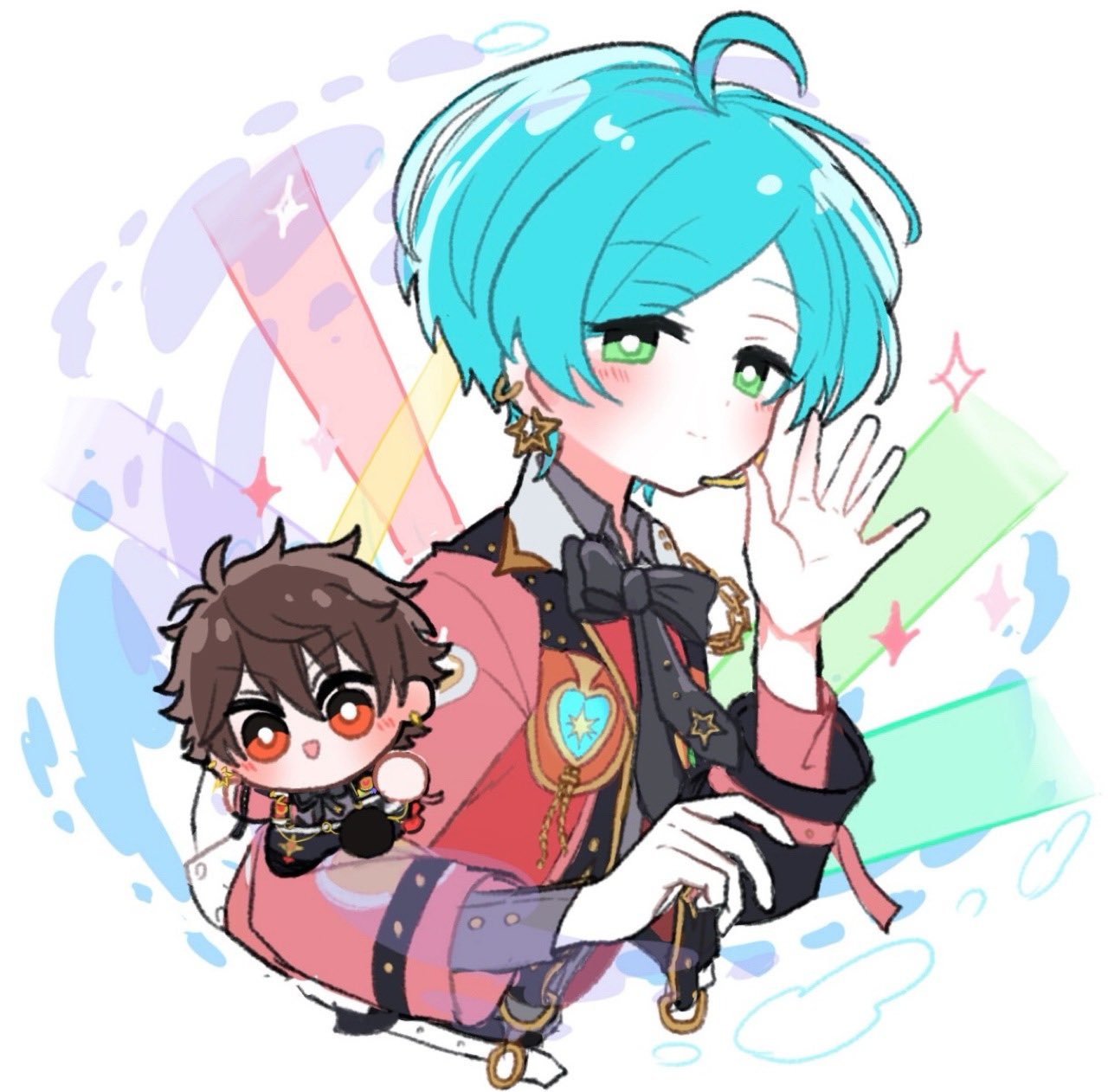 morisawa chiaki, shinkai kanata, ensemble stars!, commentary, highres, symbol-only commentary, 2boys, ahoge, black bow, black bowtie, bow, bowtie, bright pupils, brown hair, chibi, closed mouth, ear piercing, earrings, green eyes, hands up, headset, jewelry, long sleeves, looking at viewer, male focus, mani (pukakaka09), multiple boys, official alternate costume, open mouth, outstretched hand, overflow! (ensemble stars!), parted bangs, piercing, red eyes, short hair, smile, sparkle, star (symbol), star earrings, white pupils