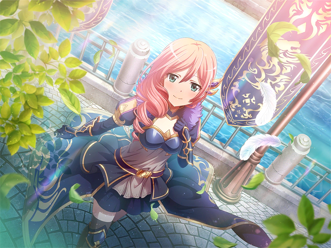 tsuruhime yachiyo, shoujo kageki revue starlight, shoujo kageki revue starlight -re live-, game cg, official art, 1girl, armor, banner, black gloves, blurry, blurry foreground, closed mouth, drill hair, dutch angle, feathers, fur trim, gloves, green eyes, hair over shoulder, hand on own chest, headpiece, leaf, looking at viewer, pavement, pink hair, railing, river, smile, solo, standing, upper body