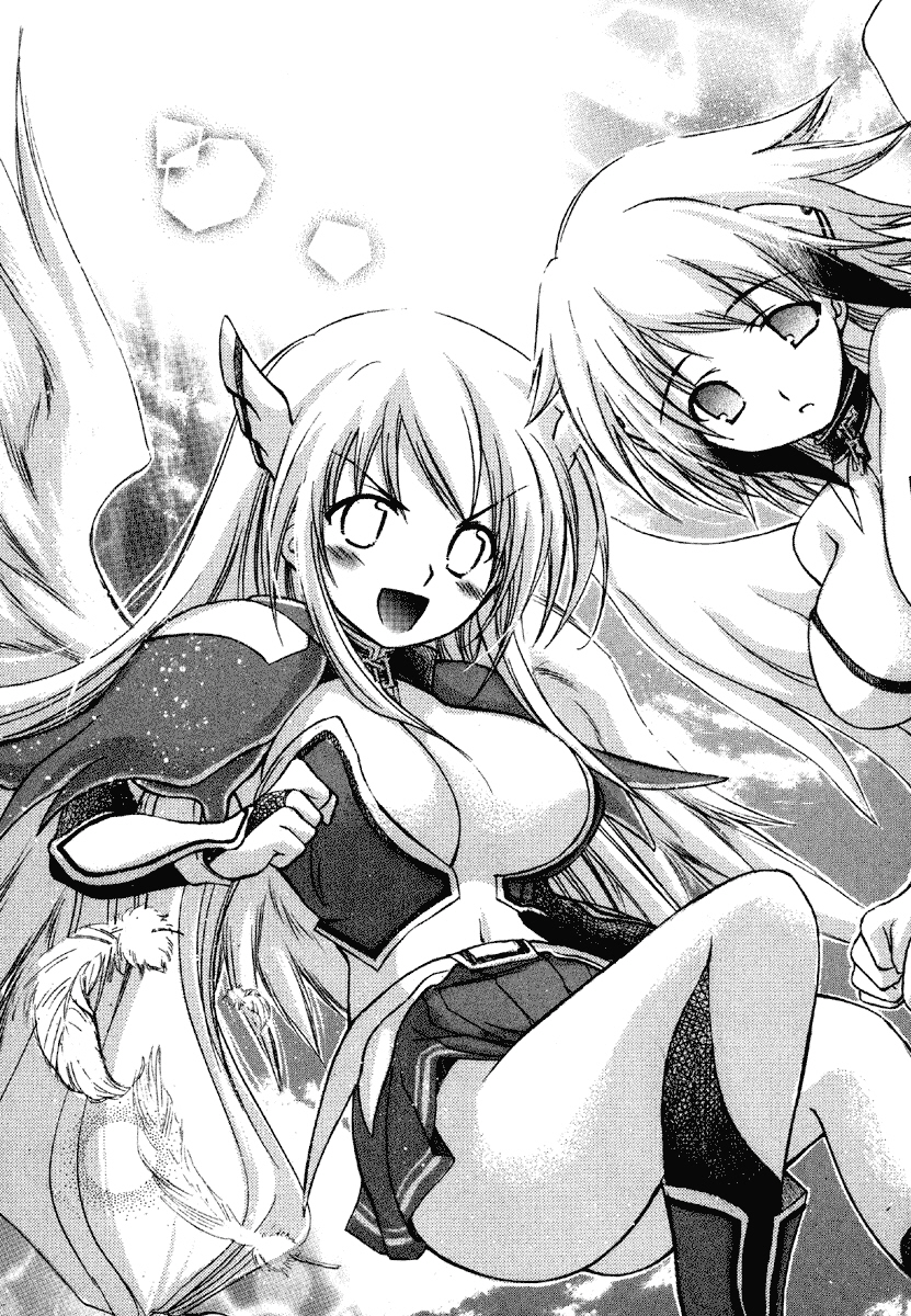 minazuki suu, astraea (sora no otoshimono), ikaros, sora no otoshimono, highres, non-web source, translation request, 2girls, :d, angel, angel wings, armor, bare shoulders, blush, breasts, broken, broken chain, chain, cleavage, collar, elbow gloves, feathered wings, feet out of frame, gloves, greyscale, hair between eyes, head wings, huge breasts, large breasts, long hair, low twintails, metal collar, miniskirt, monochrome, multiple girls, navel, open mouth, parted lips, pleated skirt, robot ears, shoulder armor, sidelocks, skirt, smile, strapless, tareme, twintails, v-shaped eyebrows, very long hair, wings