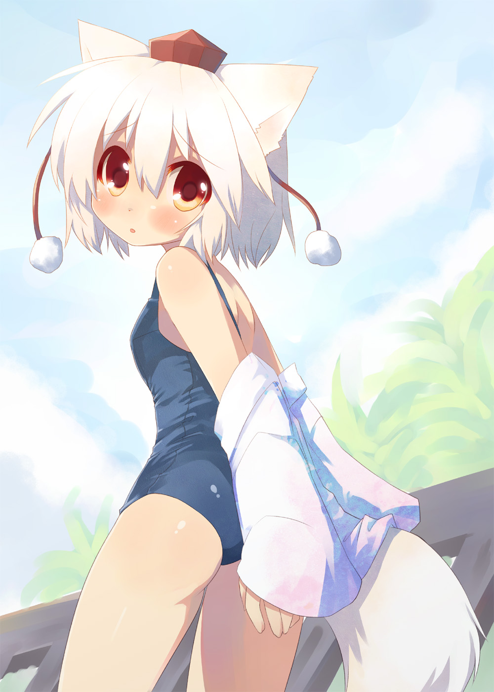 toba hiyoko, inubashiri momiji, touhou, silver hair, highres, 1girl, animal ears, detached sleeves, female focus, hat, looking back, nature, one-piece swimsuit, outdoors, red eyes, school swimsuit, short hair, sky, solo, swimsuit, tail, tokin hat, wolf ears, wolf tail