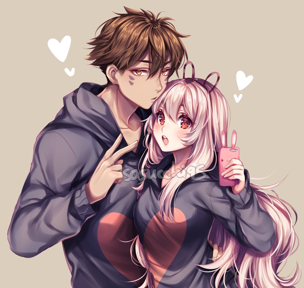 sasucchi95, original, commentary, english commentary, redrawn, 1boy, 1girl, :o, aki (sasucchi95), animal ear hairband, animal ears, antenna hair, black hoodie, borrowed character, breasts, brown background, brown hair, brown hairband, dark-skinned male, dark skin, double-parted bangs, fake animal ears, hair behind ear, hair between eyes, hair over shoulder, hairband, hand on another's waist, hand up, heads together, heart, heart print, hetero, holding, holding phone, hood, hood down, hoodie, interracial, inward v, long hair, long sleeves, looking at viewer, marlow (michiroon), open mouth, parted lips, phone, puffy long sleeves, puffy sleeves, rabbit ear hairband, rabbit ears, red eyes, short hair, sidelocks, simple background, size difference, small breasts, tareme, teeth, thick eyebrows, tongue, tsurime, upper body, upper teeth only, v, very long hair, very short hair, white hair, yellow eyes