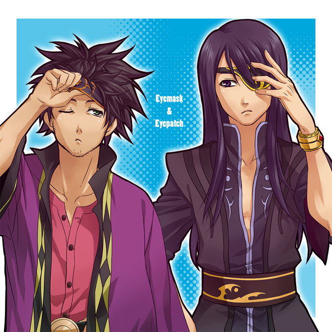 zanshi, raven (tales), yuri lowell, tales of (series), tales of vesperia, 00s, 2boys, black eyes, black hair, blue background, bracelet, eyepatch, green eyes, halftone, halftone background, jewelry, long hair, male focus, multiple boys, one eye closed, ponytail, upper body, wink