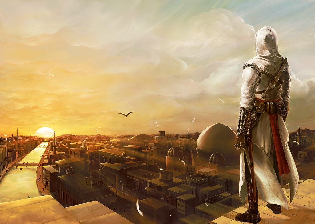 tomoe (casterm), altair ibn la-ahad, assassin's creed, assassin's creed (series), bad id, bad pixiv id, 1boy, cityscape, gloves, hood, male focus, middle eastern architecture, scenery, sheath, sky, solo, vambraces, weapon, weapon on back