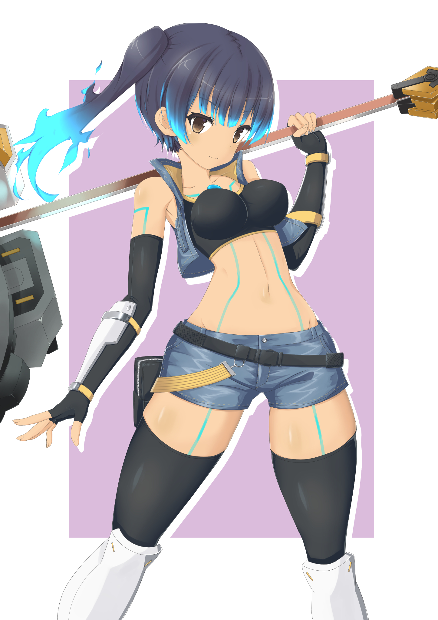 migotaa, sena (xenoblade), xenoblade chronicles (series), xenoblade chronicles 3, 1girl, bare shoulders, belt, blue hair, breasts, brown eyes, crop top, dark-skinned female, dark skin, elbow gloves, fingerless gloves, gloves, glowing, glowing hair, hammer, large breasts, looking at viewer, medium hair, midriff, shorts, side ponytail, sleeveless