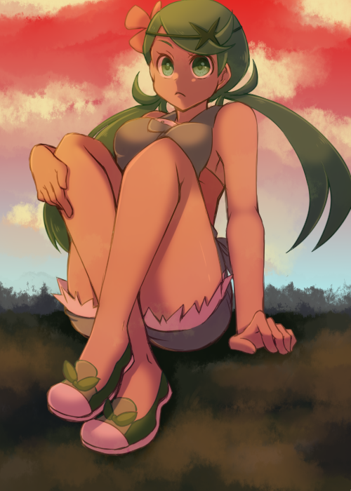 mochi (g mochi), mallow (pokemon), nintendo, pokemon, pokemon sm, 1girl, bare shoulders, breasts, dark-skinned female, dark skin, dawn, flower, grass, green eyes, green hair, hair flower, hair ornament, large breasts, long hair, overall shorts, overalls, shoes, shorts, sitting, sleeveless, very long hair