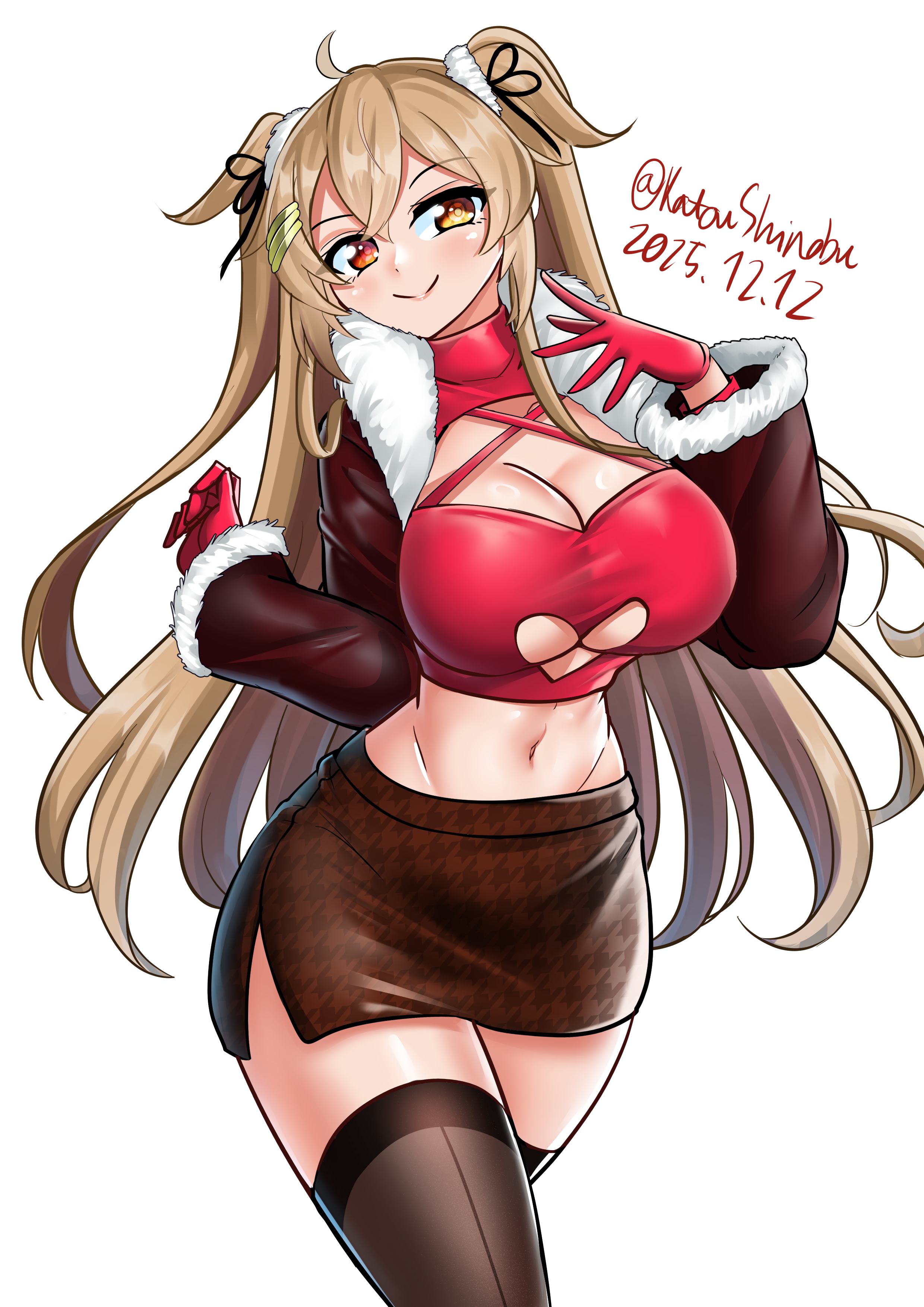 katou shinobu, murasame (kancolle), murasame kai ni (kancolle), kantai collection, absurdres, commentary, highres, 1girl, alternate costume, bandeau, black ribbon, black thighhighs, breasts, brown coat, brown eyes, brown hair, brown skirt, cleavage cutout, clothing cutout, coat, cowboy shot, dated, fur-trimmed coat, fur trim, gloves, hair flaps, large breasts, long hair, looking at viewer, midriff, navel, one-hour drawing challenge, patterned clothing, pink bandeau, red gloves, ribbon, simple background, skirt, smile, solo, thighhighs, twitter username, two side up, white background