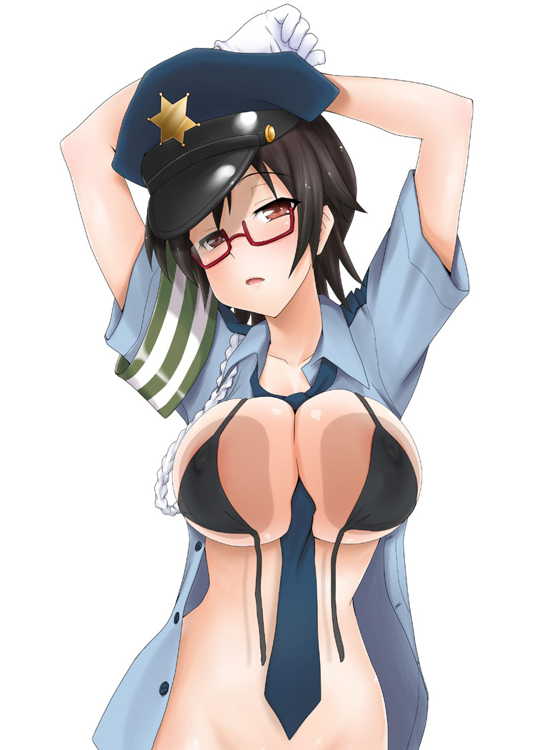 eunos, manabe nodoka, k-on!, 00s, 1girl, against glass, arms up, between breasts, bikini, black bikini, bottomless, breast press, breasts, breasts on glass, censored, female focus, front-tie top, glasses, gloves, hat, large breasts, looking at viewer, necktie, out-of-frame censoring, police, police uniform, red-framed eyewear, semi-rimless eyewear, short hair, simple background, solo, swimsuit, under-rim eyewear, untied bikini, white background
