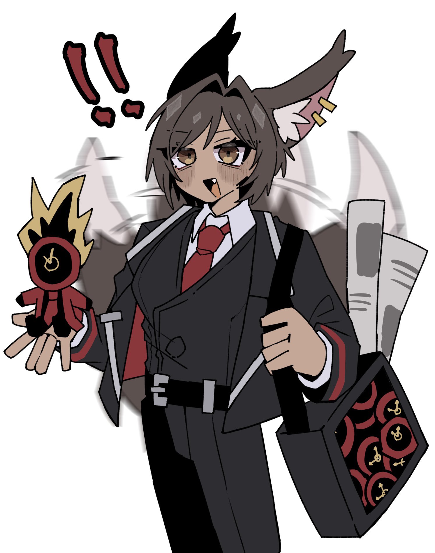 1444tmt, dante (limbus company), outis (project moon), limbus company, project moon, highres, !, !!, 1girl, animal ear fluff, animal ears, belt, black belt, black jacket, black pants, black vest, blush, character doll, cowboy shot, doll, ear piercing, fang, fox ears, fox tail, itabag, jacket, open mouth, pants, piercing, simple background, smile, tail, vest, white background