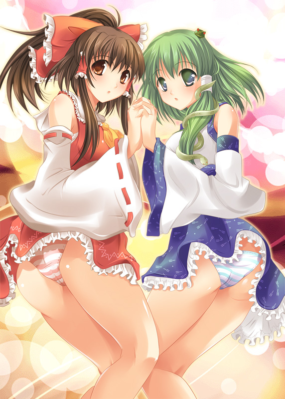 maki (seventh heaven maxion), hakurei reimu, kochiya sanae, touhou, 2girls, bow, brown hair, female focus, green hair, multiple girls, panties, striped clothes, striped panties, underwear