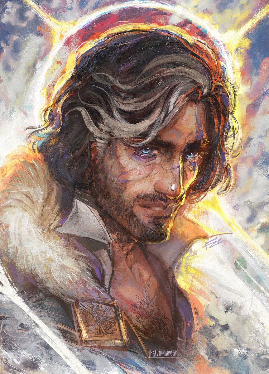 verso (clair obscur: expedition 33), clair obscur: expedition 33, commentary, english commentary, highres, 1boy, black hair, blue eyes, collared shirt, cropped shoulders, facial hair, grey hair, lips, male focus, multicolored hair, open collar, parted lips, shirt, smile, solo, streaked hair, wavy hair, white shirt, zombiecat