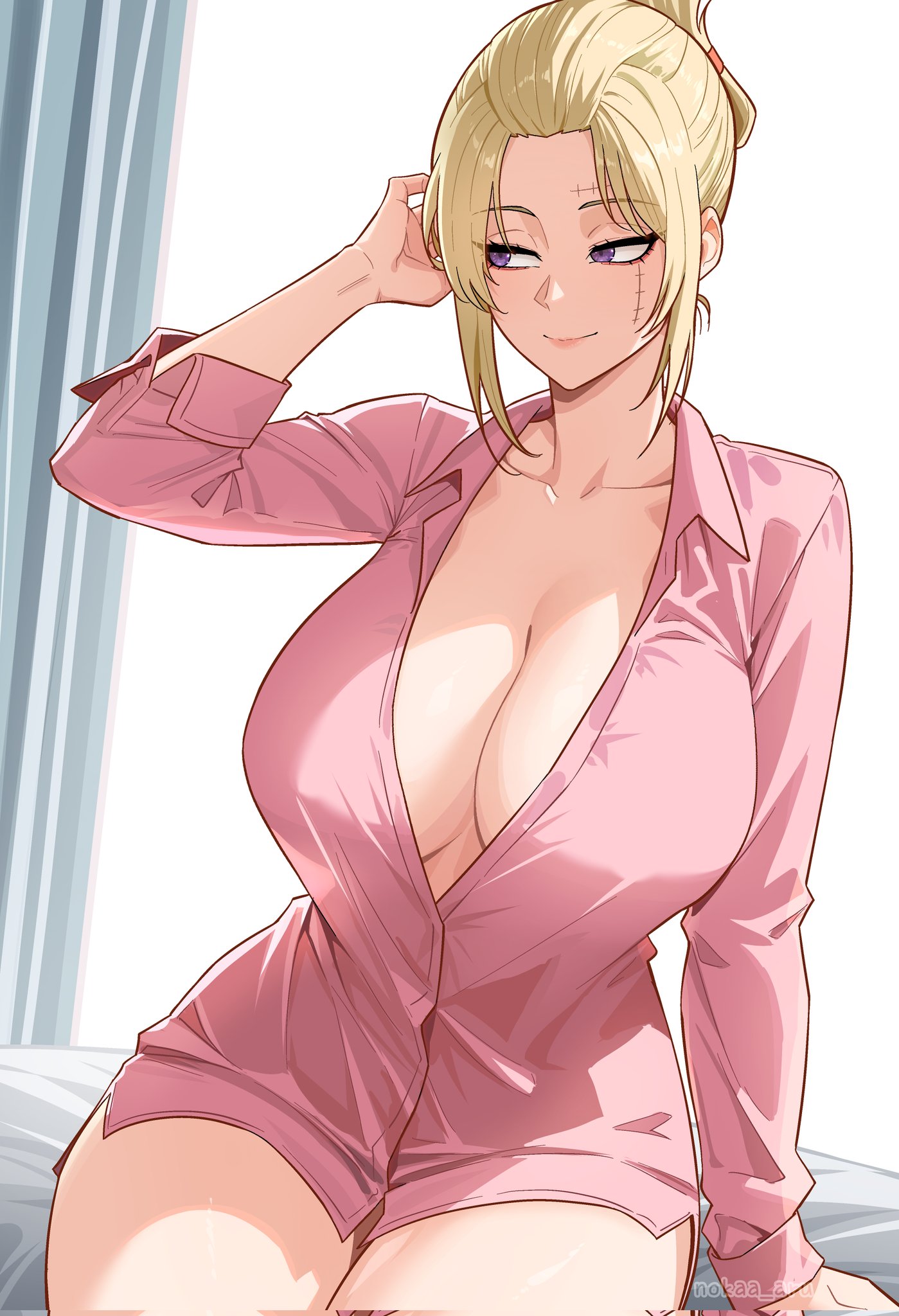 nokaa aru, tsukuyo (gintama), gintama, commentary, english commentary, highres, 1girl, blonde hair, breasts, cleavage, closed mouth, facial scar, folded ponytail, huge breasts, indoors, long sleeves, looking to the side, morning, naked shirt, pink shirt, purple eyes, scar, scar on cheek, scar on face, shirt, short hair, sitting, smile, solo