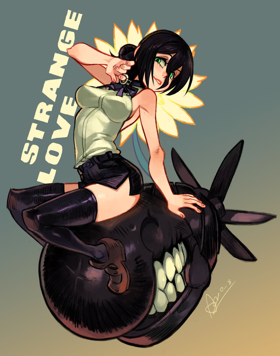 alex ahad, bomb devil (chainsaw man), reze (chainsaw man), chainsaw man, commentary, english commentary, highres, 1girl, black choker, black hair, black ribbon, breasts, choker, closed mouth, collared shirt, disembodied head, english text, green eyes, grenade pin, hair between eyes, hair bun, long hair between eyes, looking at viewer, neck ribbon, ribbon, shirt, short hair, signature, single hair bun, sitting, sleeveless, sleeveless shirt, smile, solo, white shirt